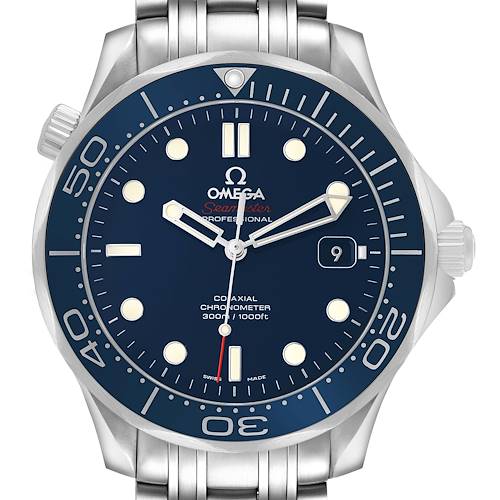 The image shows a front view of the Omega Seamaster 212.30.41.20.03.001 Men's Stainless Steel Blue Dial watch, highlighting its blue dial, bezel, and metal bracelet.