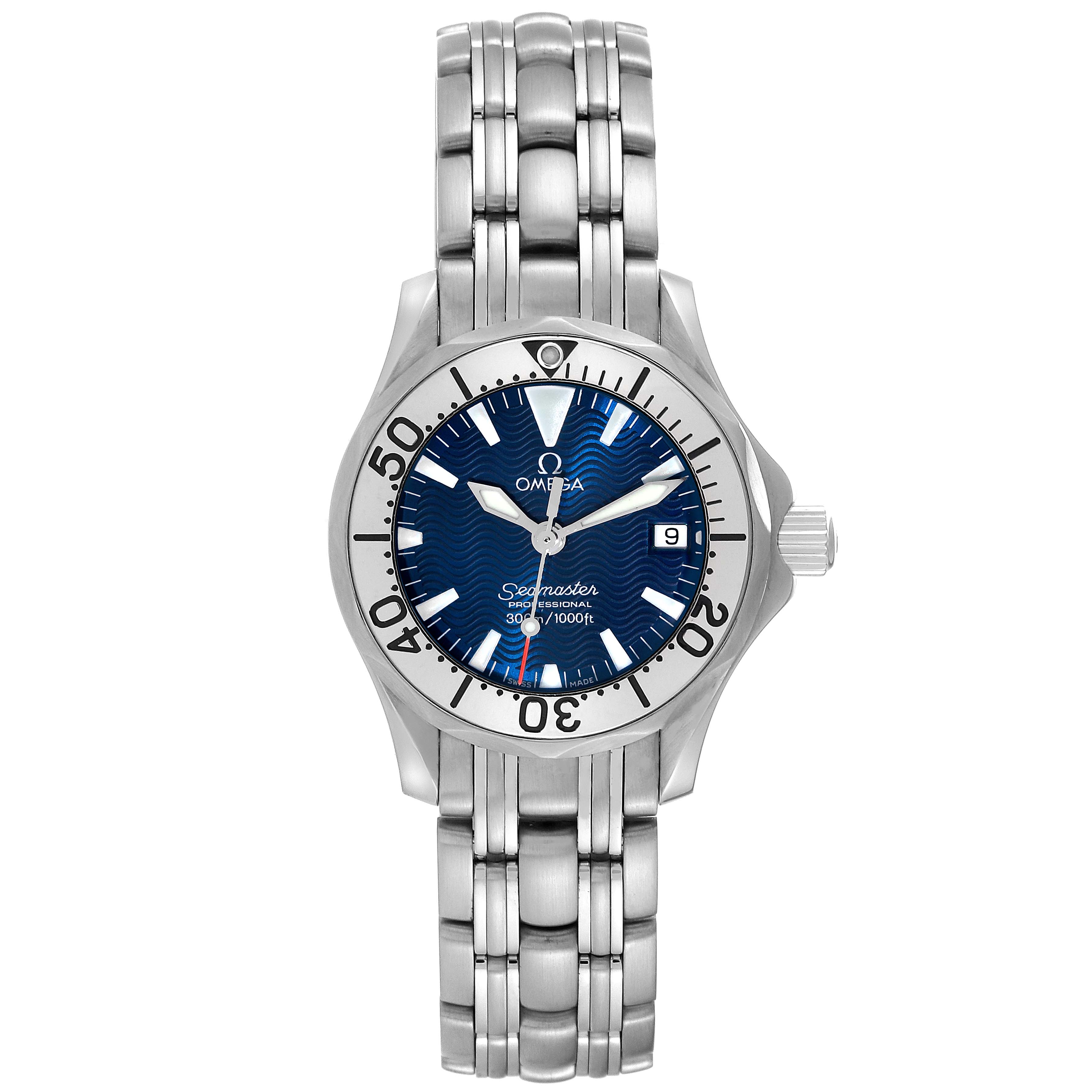 The image shows a front view of the Omega 2285.80.00 Women's Stainless Steel Blue Dial 2285.80.00 Women's Stainless Steel Blue Dial Seamaster Diver Quartz 28mm Steel Ladies Watch 2285.80.00, displaying its face and bracelet.