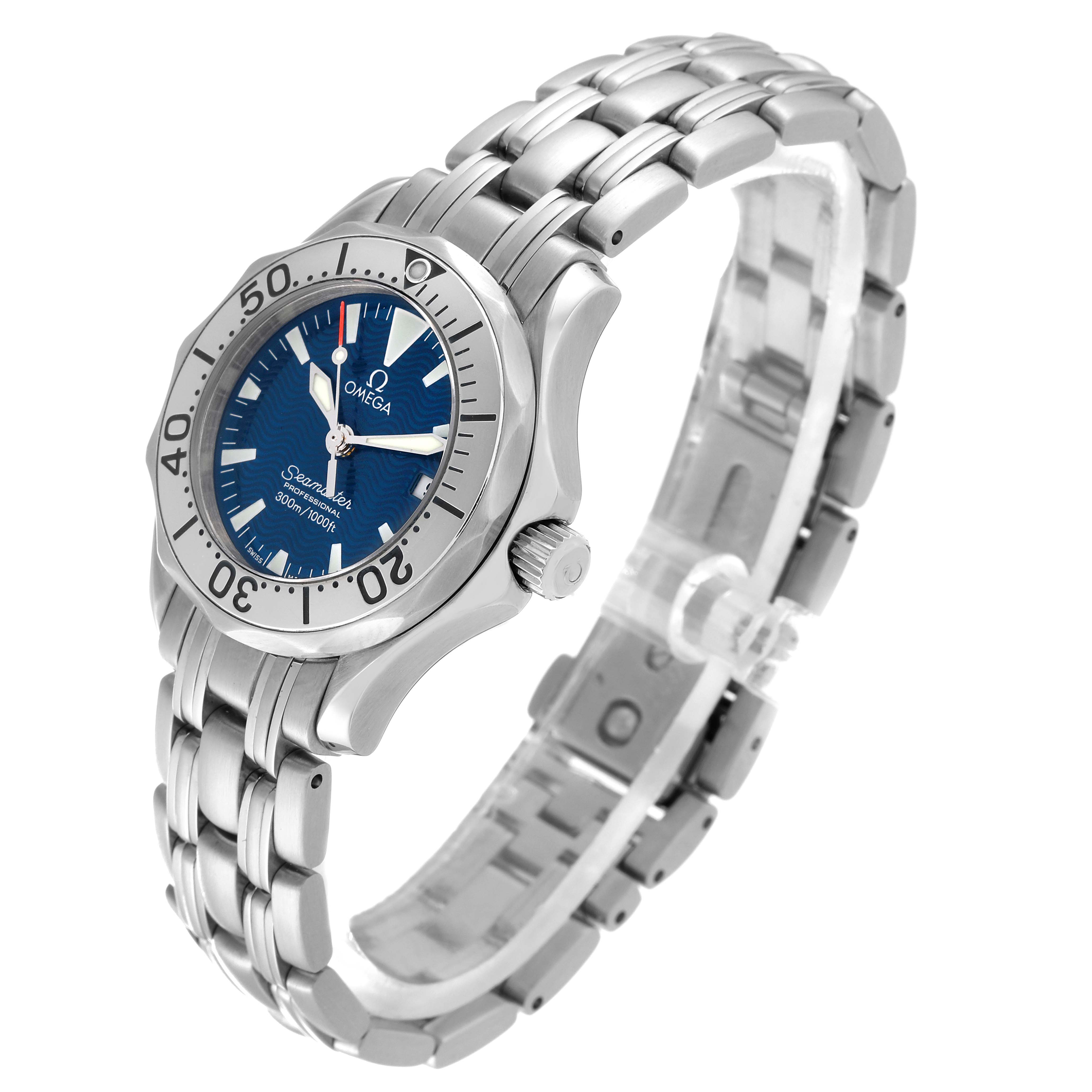 The Omega 2285.80.00 Women's Stainless Steel Blue Dial 2285.80.00 Women's Stainless Steel Blue Dial Seamaster Diver Quartz 28mm Steel Ladies Watch 2285.80.00 is shown at a high-side angle, displaying the face, bezel, and bracelet.