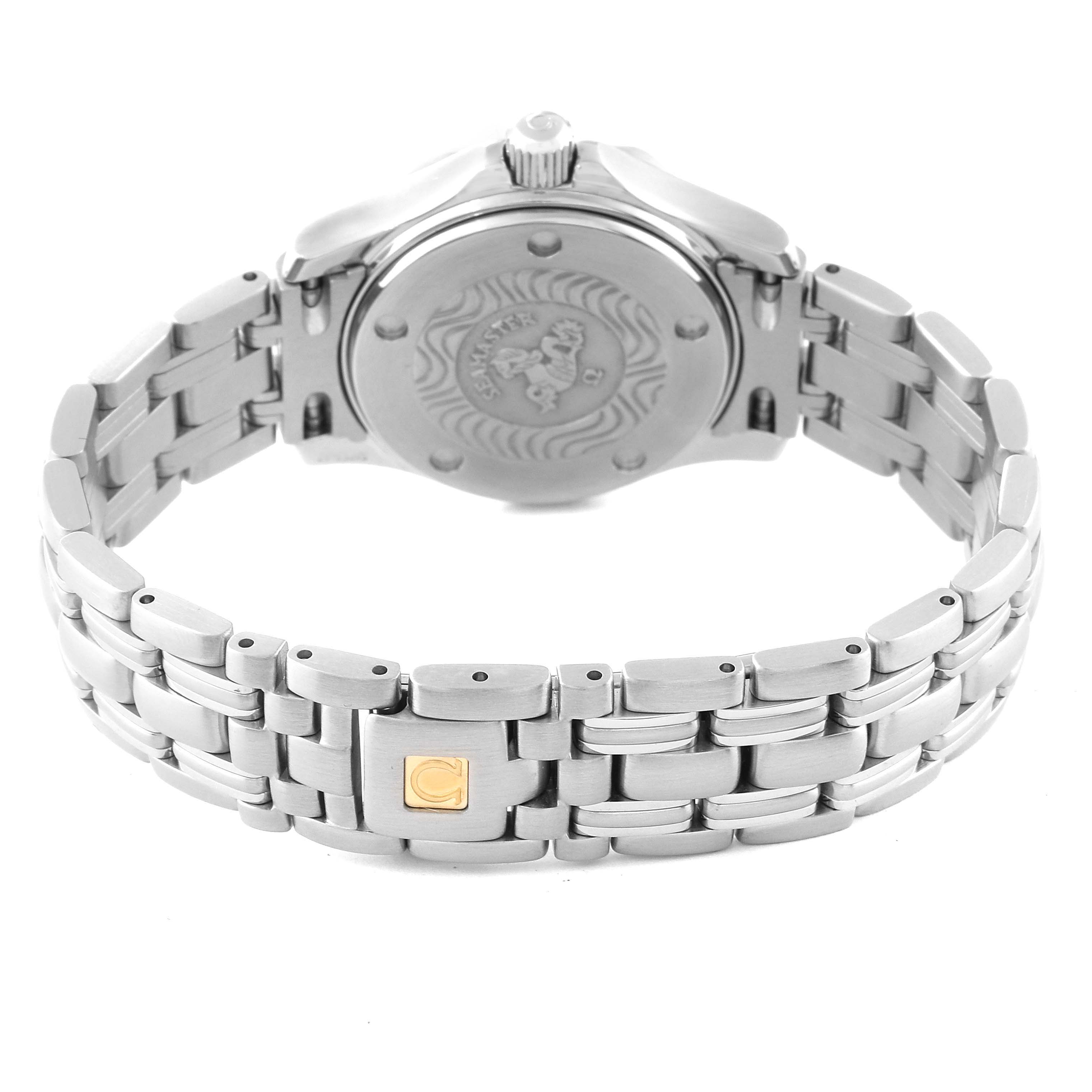 The image shows the back view of the Omega 2285.80.00 Women's Stainless Steel Blue Dial 2285.80.00 Women's Stainless Steel Blue Dial Seamaster Diver Quartz 28mm Steel Ladies Watch 2285.80.00, highlighting the bracelet and case back.