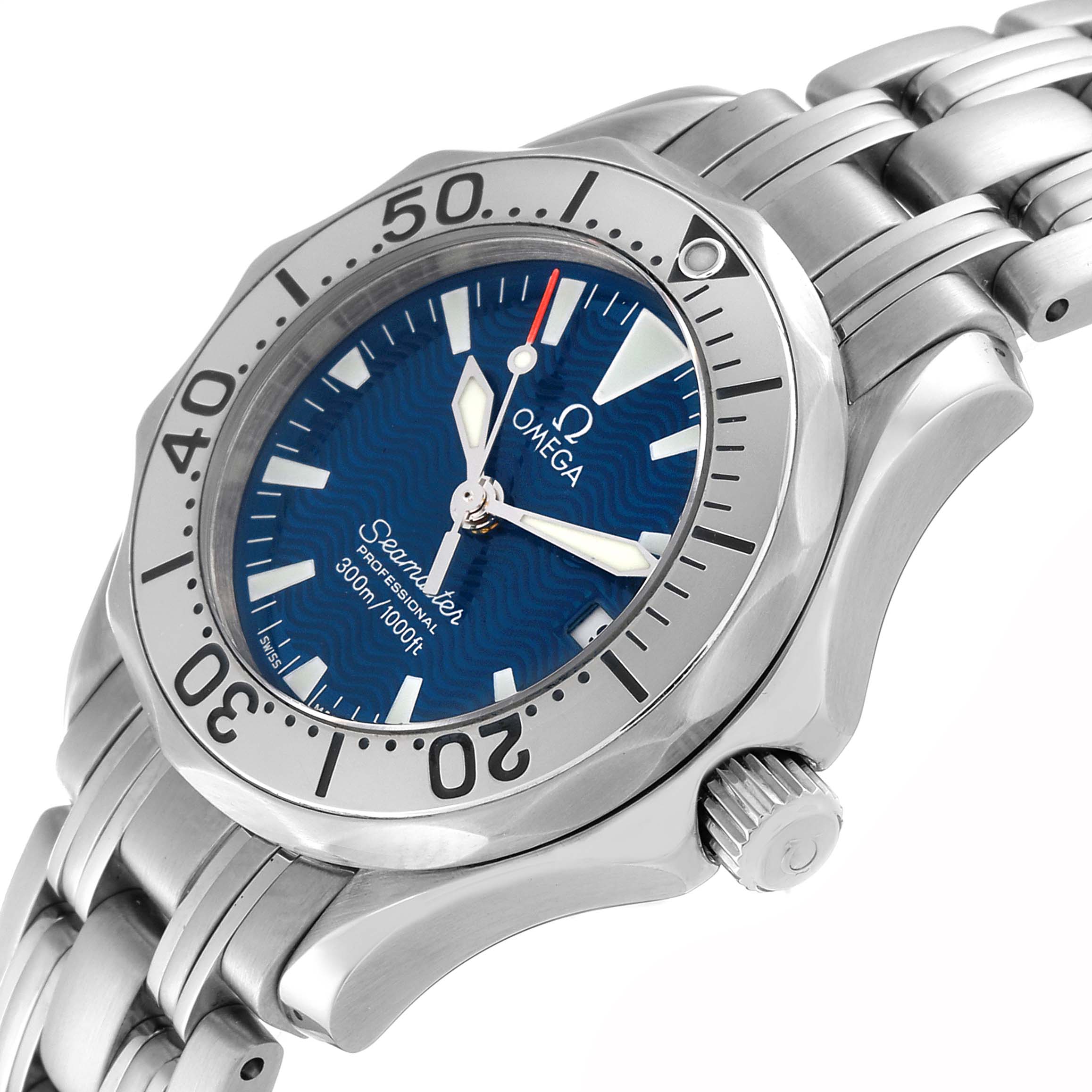 This image shows a close-up, angled view of the Omega 2285.80.00 Women's Stainless Steel Blue Dial 2285.80.00 Women's Stainless Steel Blue Dial Seamaster Diver Quartz 28mm Steel Ladies Watch 2285.80.00, focusing on the blue dial and bezel.