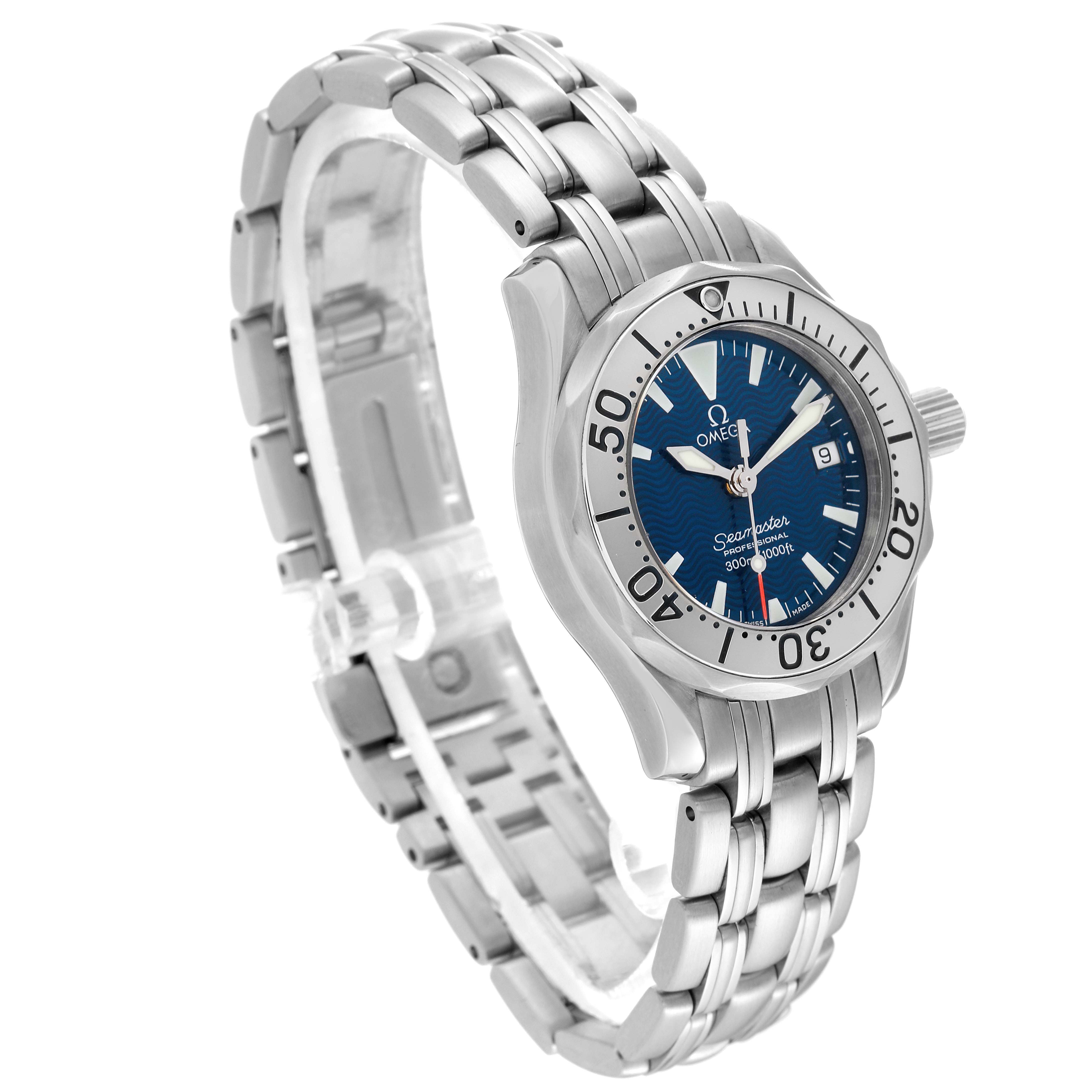 This image shows the Omega 2285.80.00 Women's Stainless Steel Blue Dial 2285.80.00 Women's Stainless Steel Blue Dial Seamaster Diver Quartz 28mm Steel Ladies Watch 2285.80.00 at an angled view, highlighting the face, bezel, and bracelet.