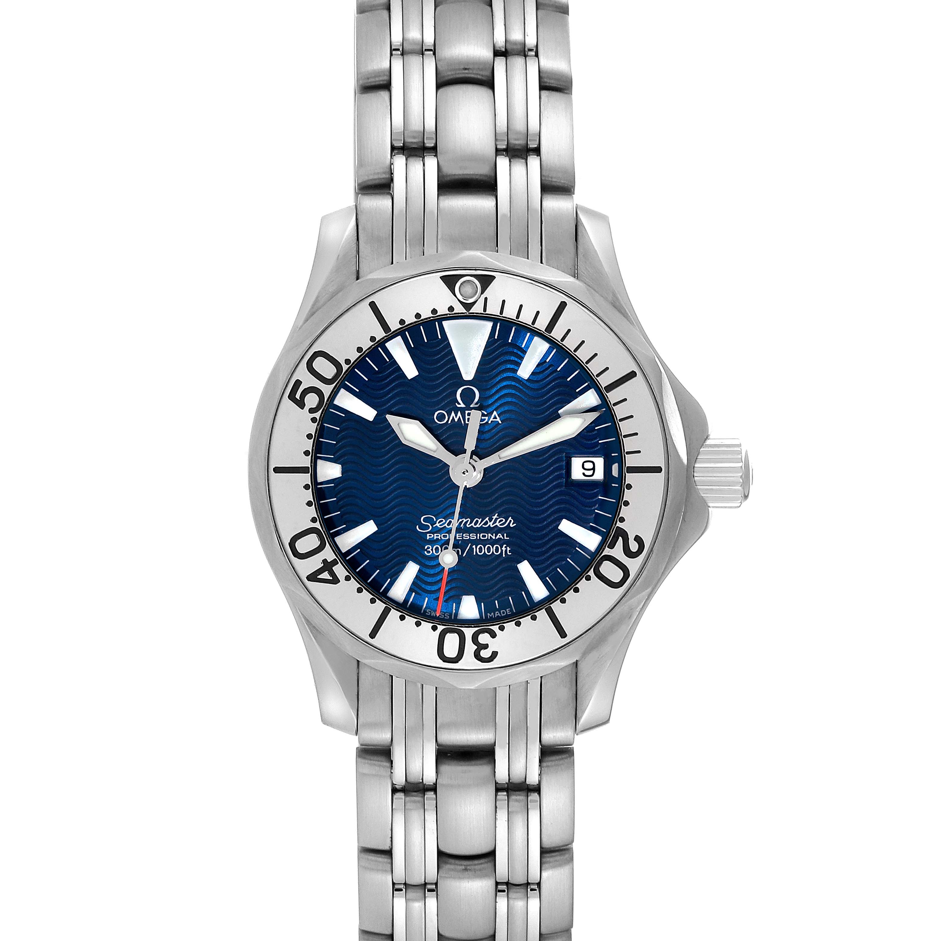 The Omega 2285.80.00 Women's Stainless Steel Blue Dial 2285.80.00 Women's Stainless Steel Blue Dial Seamaster Diver Quartz 28mm Steel Ladies Watch 2285.80.00 is shown from a top-down angle, highlighting the face and bracelet.