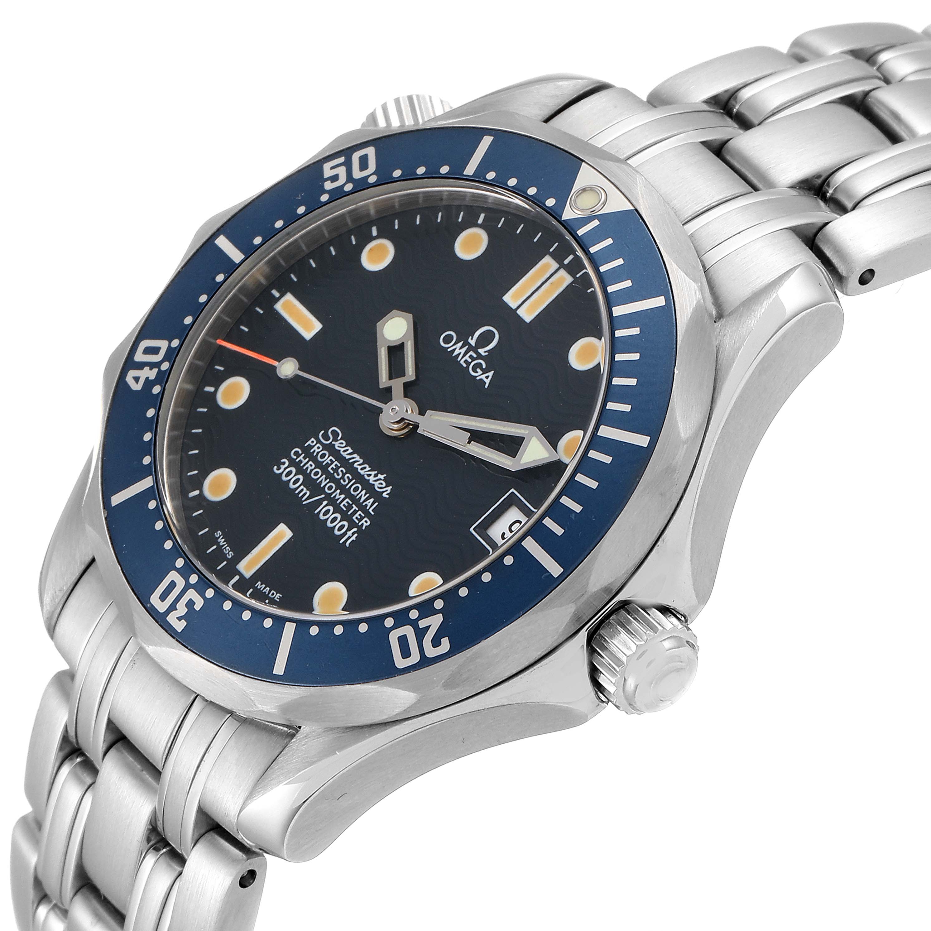 The Omega Seamaster 2551.80.00 Men
s Stainless Steel Blue Dial 2551.80.00 Men
s Stainless Steel Blue Dial watch is shown from a slight angled view, displaying its face, bezel, case, and part of the bracelet.