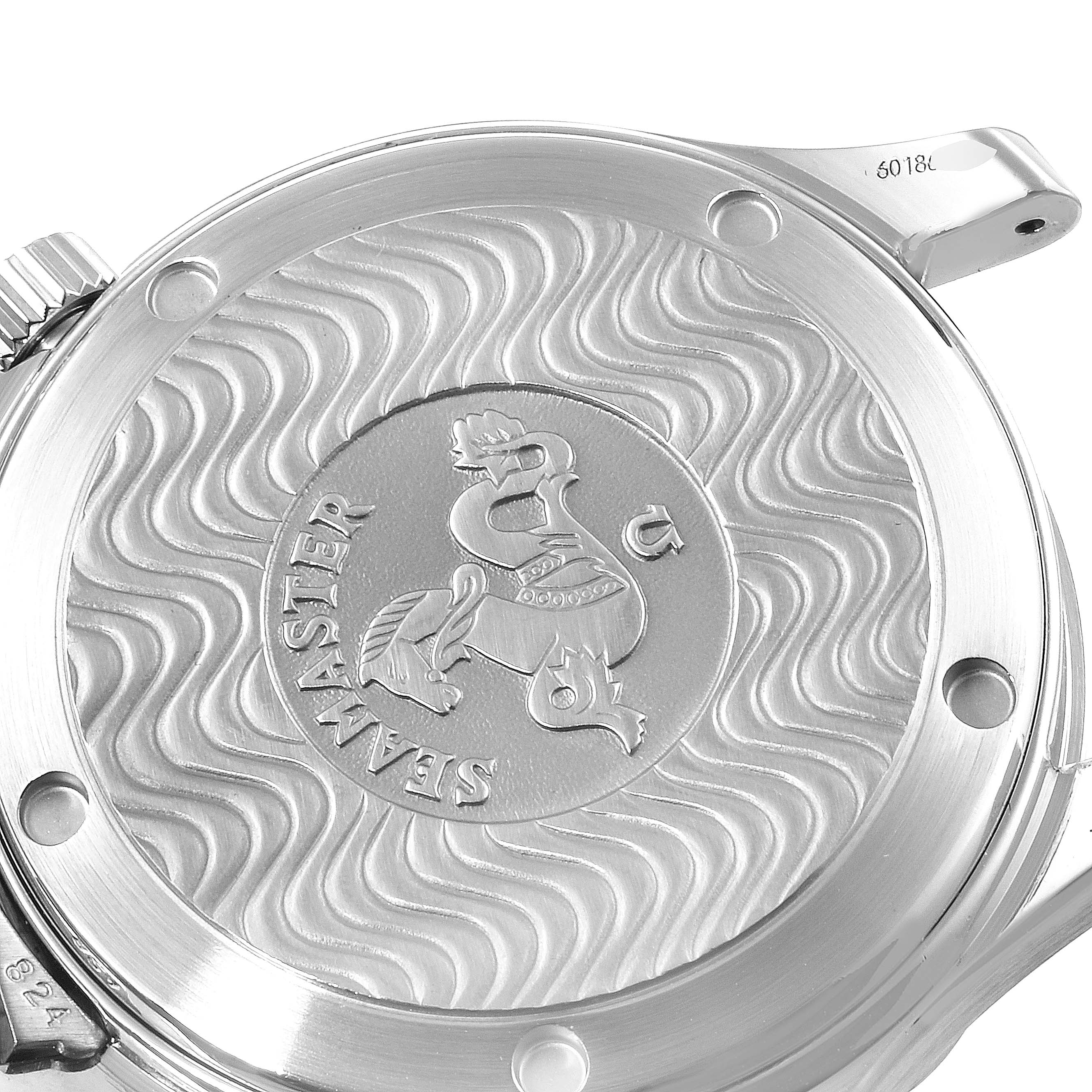 The image shows the back case of an Omega Seamaster 2551.80.00 Men
s Stainless Steel Blue Dial 2551.80.00 Men
s Stainless Steel Blue Dial watch, featuring the engraved logo and wave pattern.