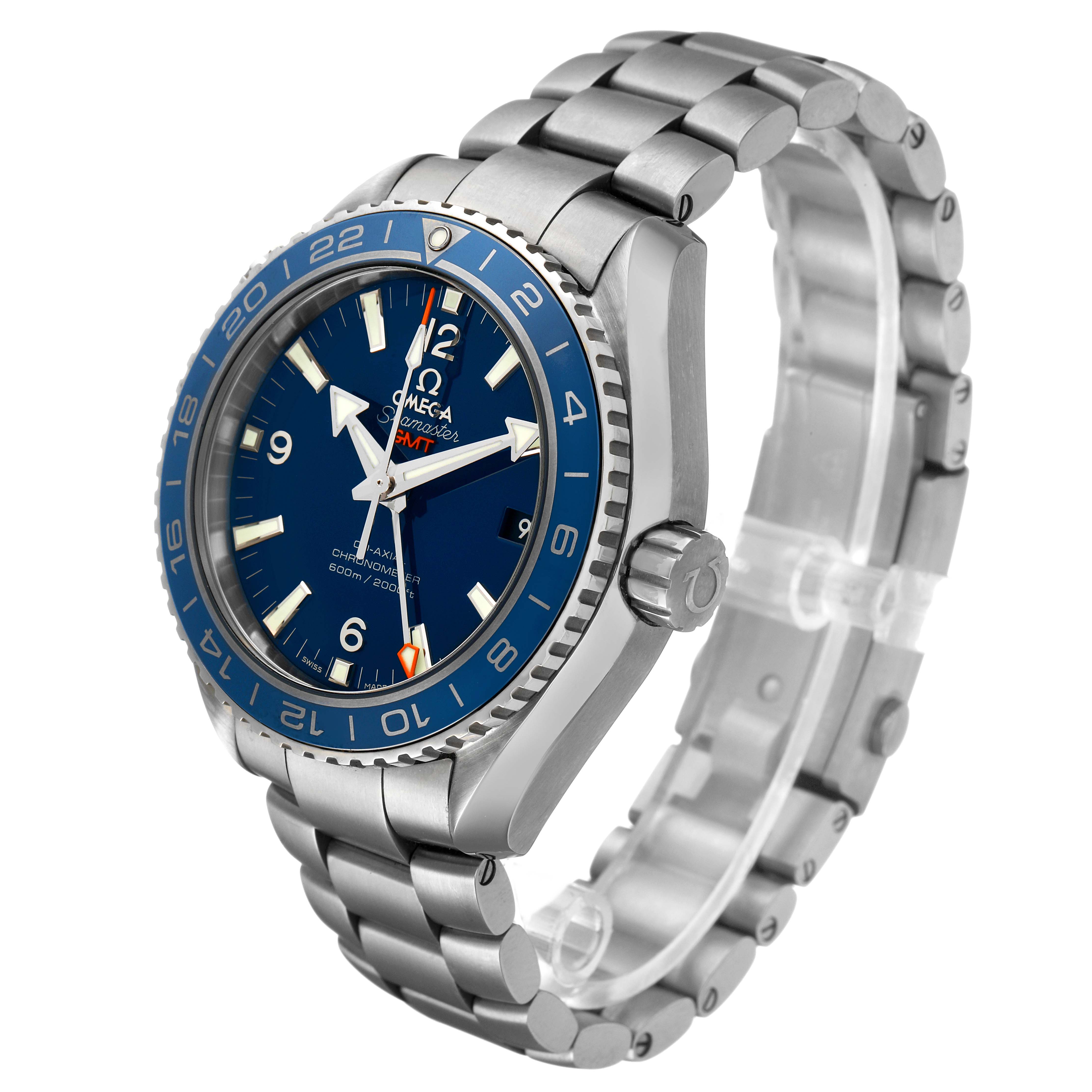 The Omega Planet Ocean 232.90.44.22.03.001 Men's Stainless Steel Blue Dial watch is shown at a three-quarter angle, highlighting the face, bezel, crown, and metal bracelet.