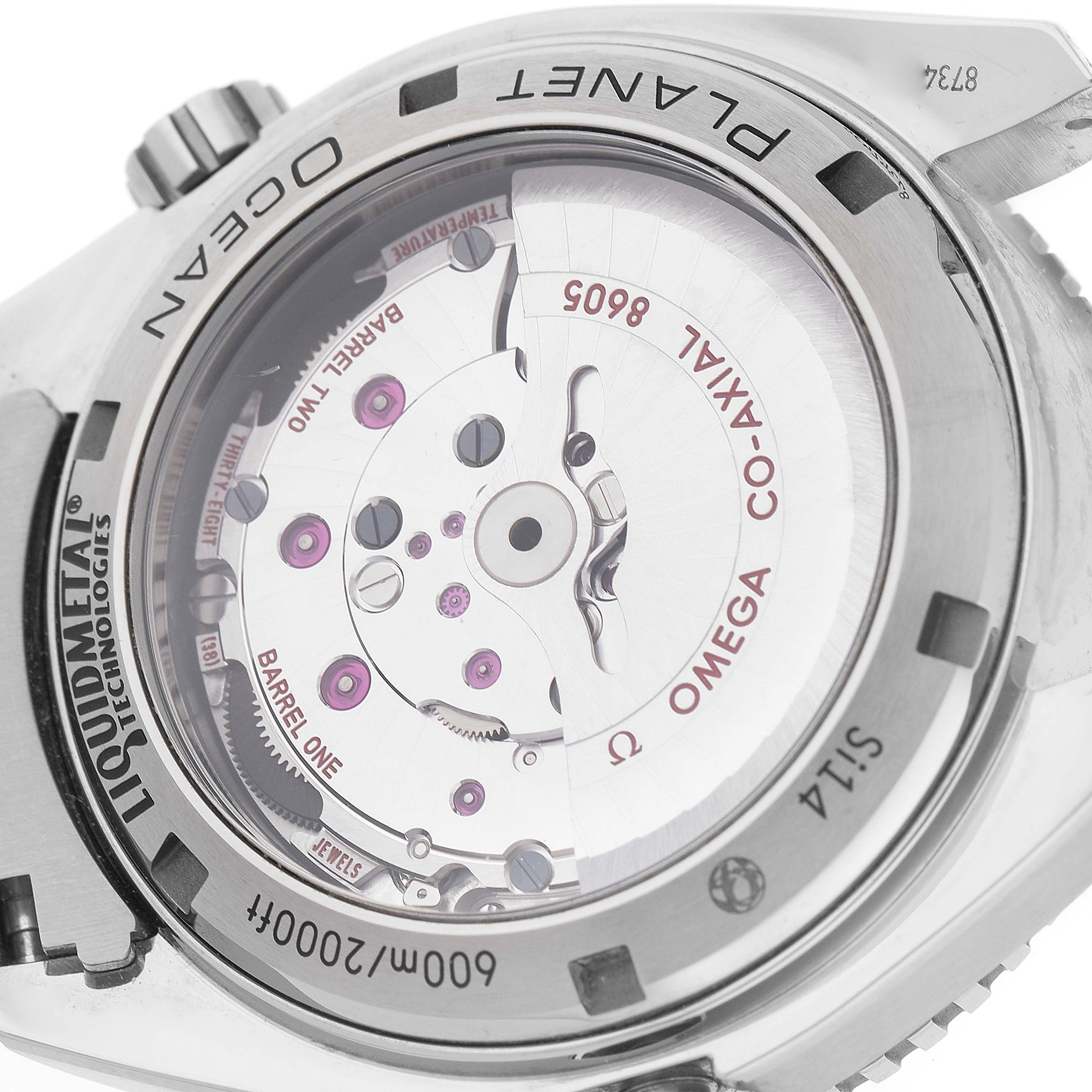 The image shows the back of the Omega Planet Ocean 232.90.44.22.03.001 Men's Stainless Steel Blue Dial watch, highlighting the movement and mechanical components through the caseback.