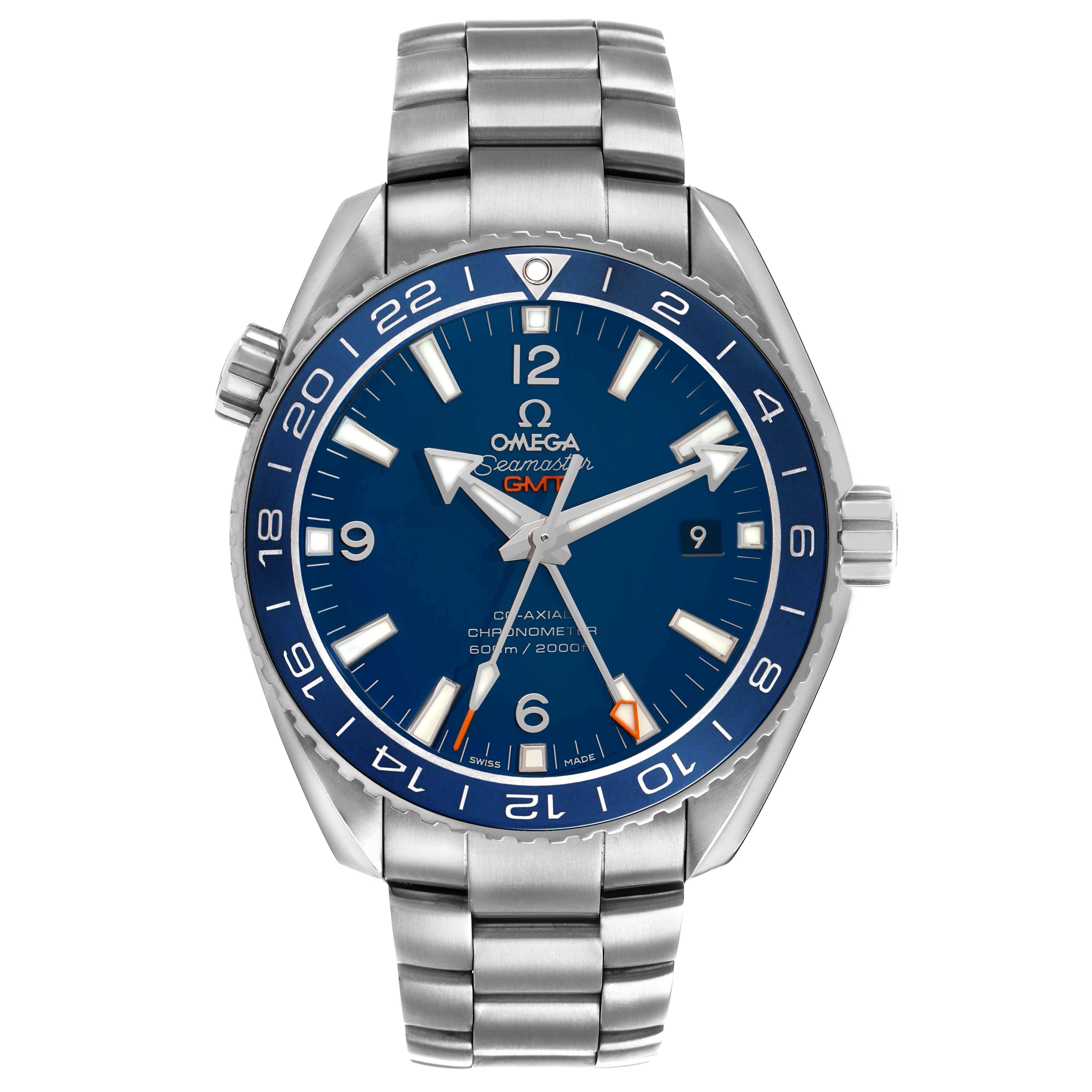 The Omega Planet Ocean 232.90.44.22.03.001 Men's Stainless Steel Blue Dial watch is shown from the front, highlighting its face, bezel, crown, and bracelet.