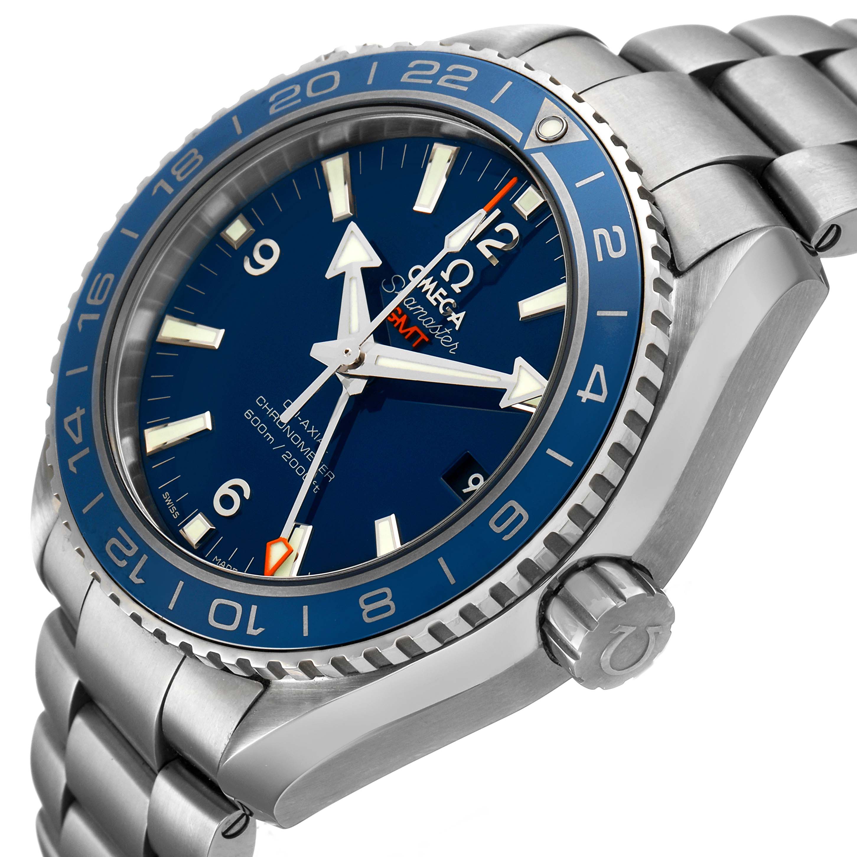 The Omega Planet Ocean 232.90.44.22.03.001 Men's Stainless Steel Blue Dial watch is shown at an angled side view, highlighting the bezel, crown, dial, and bracelet.