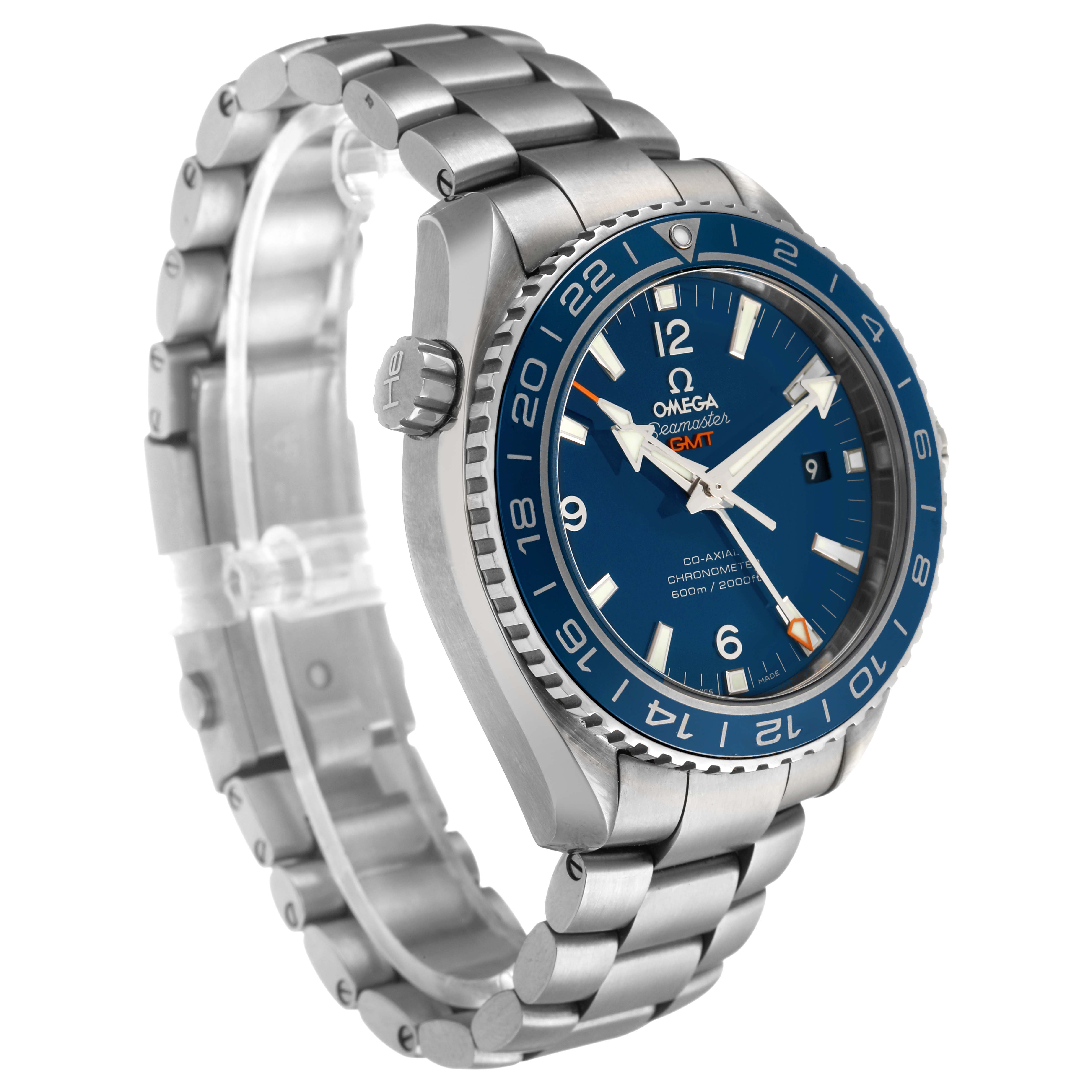 The Omega Planet Ocean 232.90.44.22.03.001 Men's Stainless Steel Blue Dial watch is shown at a three-quarter angle, highlighting the face, bezel, crown, and bracelet.