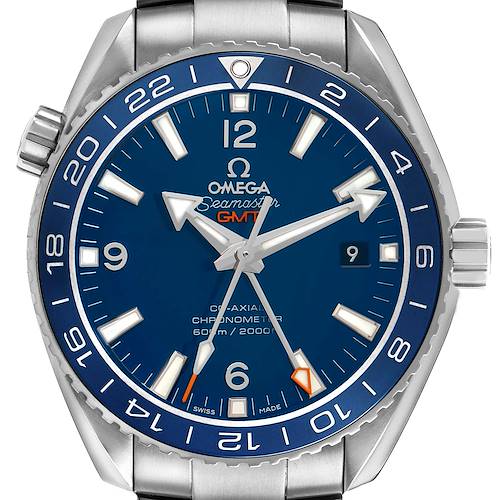 The image shows a front view of the Omega Planet Ocean 232.90.44.22.03.001 Men's Stainless Steel Blue Dial watch, highlighting its blue dial, hands, markers, and bezel.