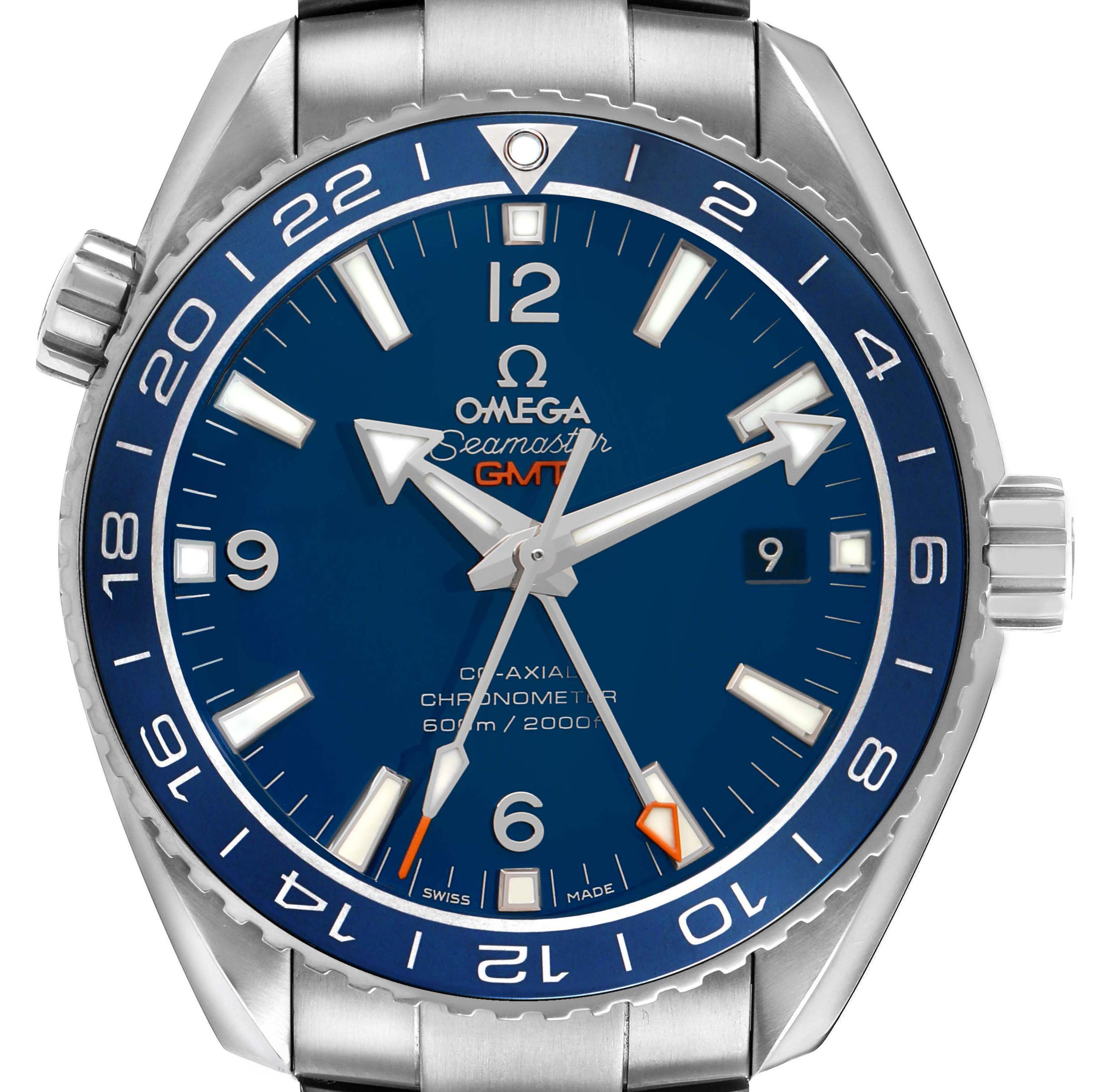 The Omega Planet Ocean 232.90.44.22.03.001 Men's Stainless Steel Blue Dial watch is shown from a top-down angle, highlighting its blue dial, markers, hands, and stainless steel bezel.