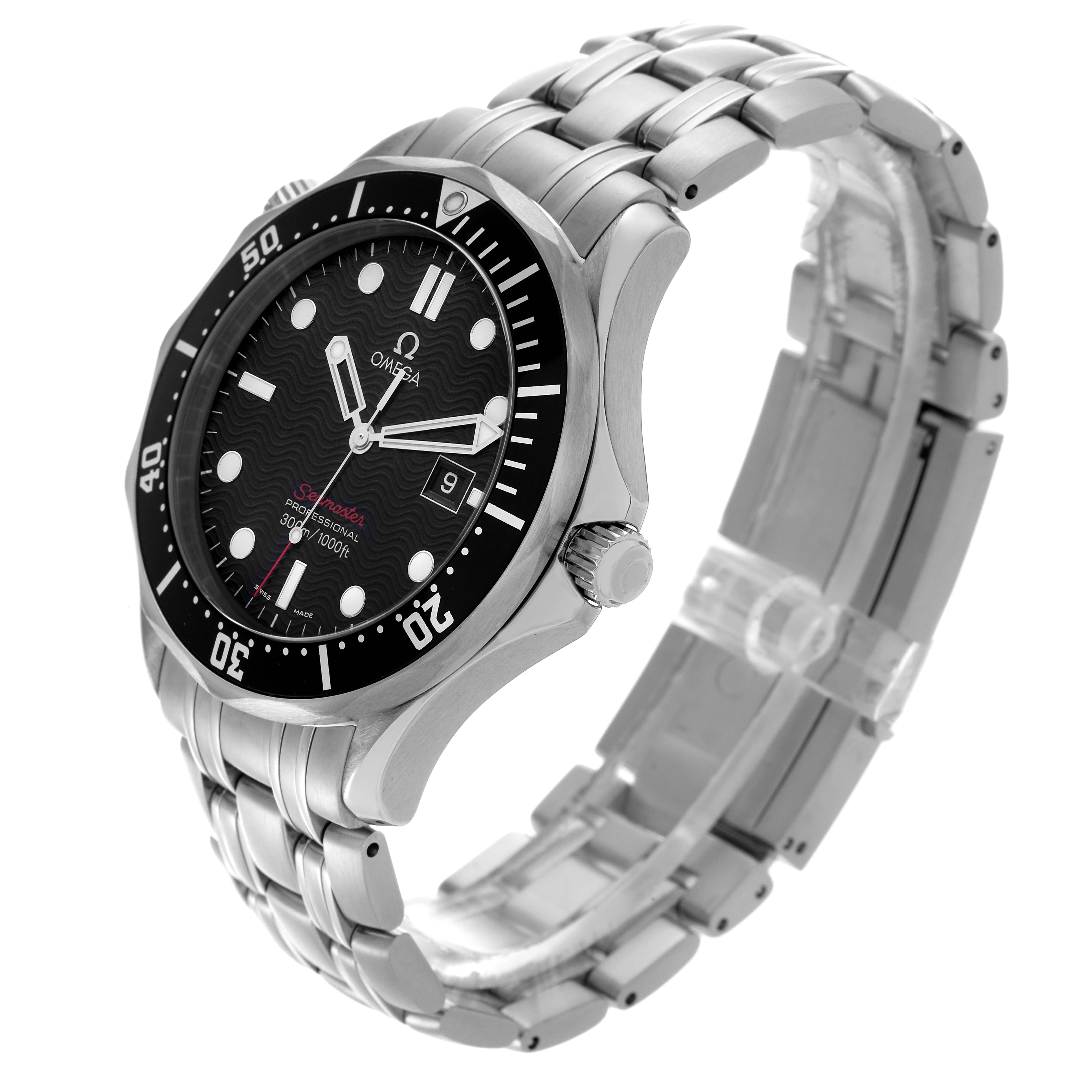 The Omega Seamaster 212.30.41.61.01.001 Men
s Stainless Steel Black Dial 212.30.41.61.01.001 Men
s Stainless Steel Black Dial watch is shown at a three-quarter angle, highlighting the dial, bezel, crown, and stainless steel bracelet.