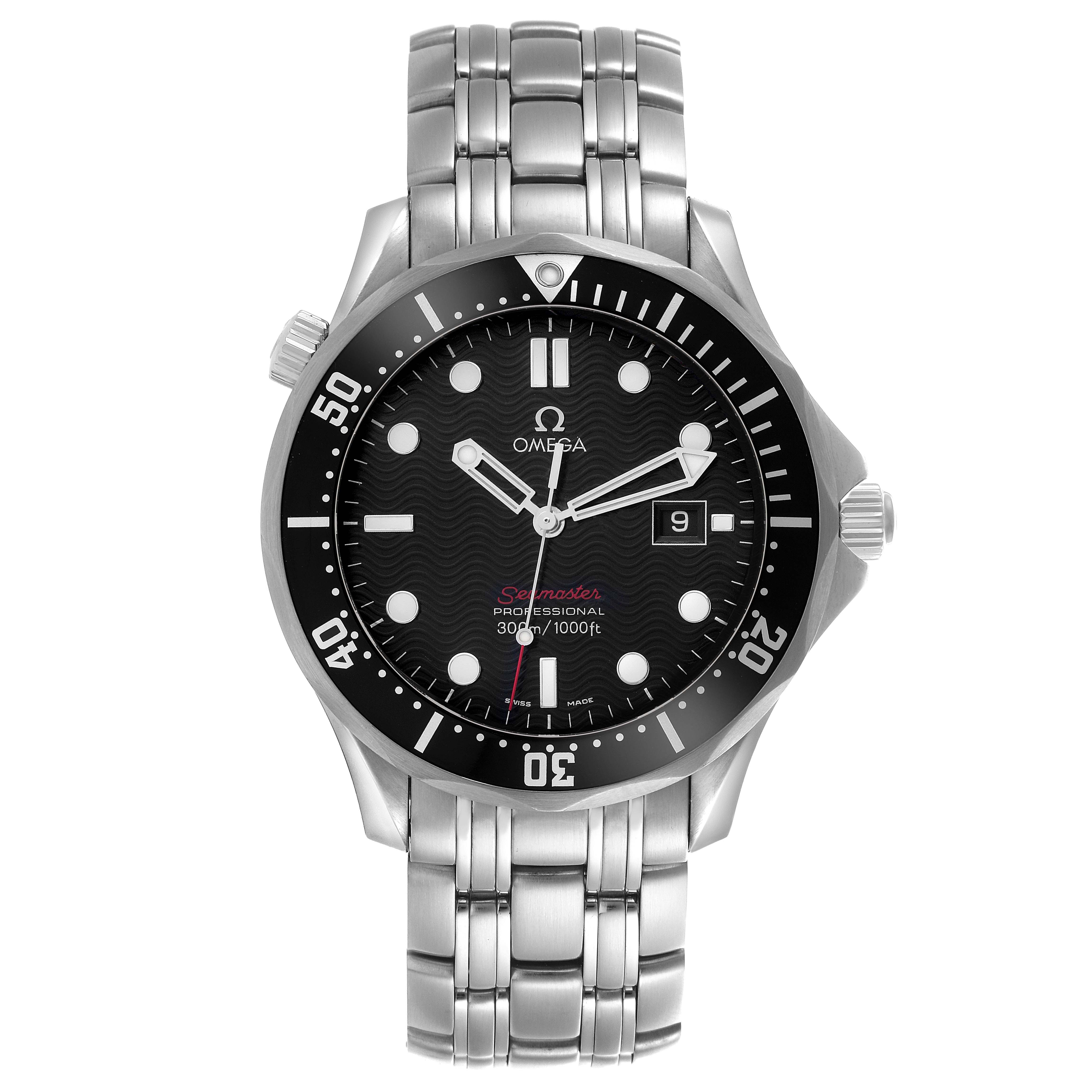The Omega Seamaster 212.30.41.61.01.001 Men
s Stainless Steel Black Dial 212.30.41.61.01.001 Men
s Stainless Steel Black Dial watch is shown from the front, displaying the face, bezel, bracelet, and crown.