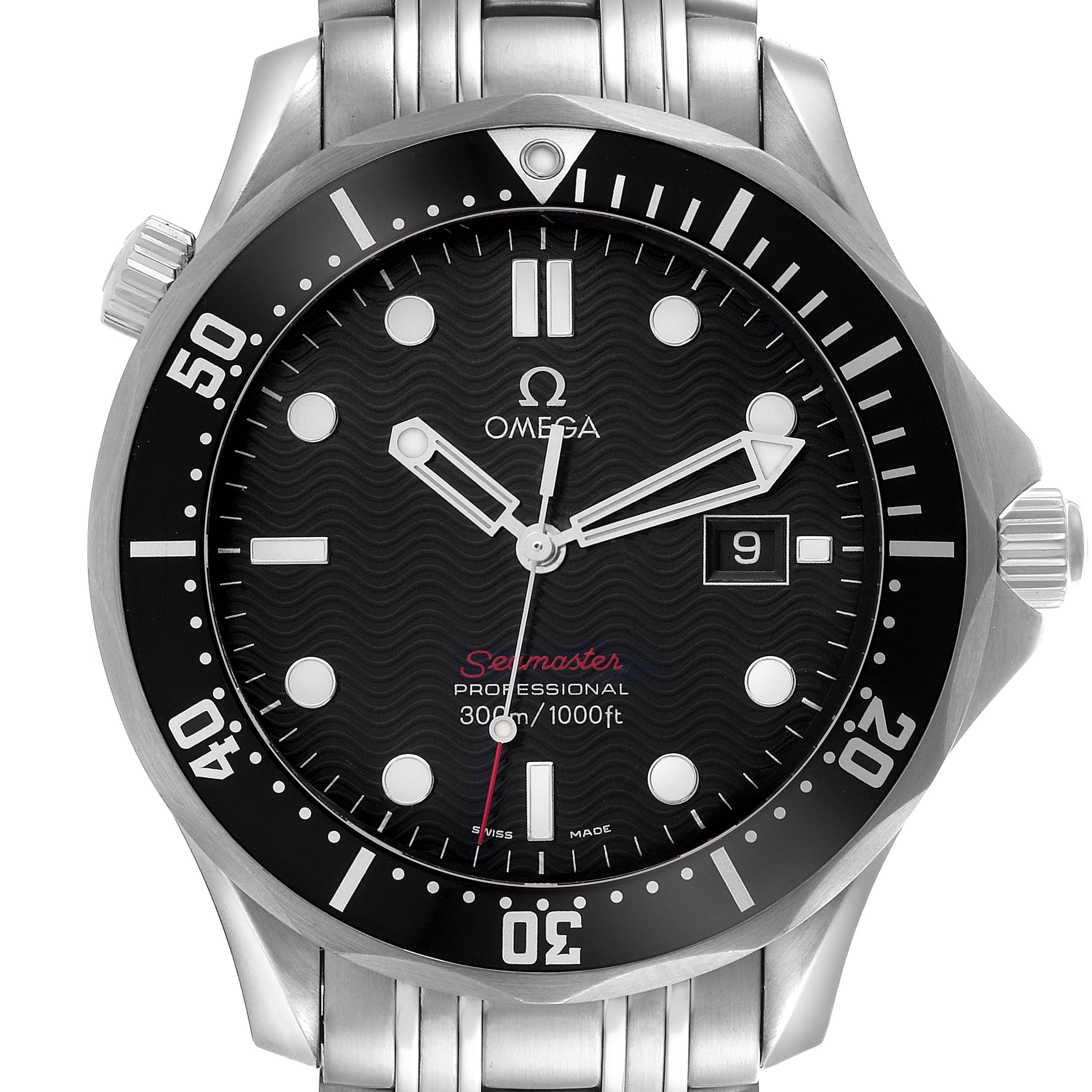 The Omega Seamaster 212.30.41.61.01.001 Men
s Stainless Steel Black Dial 212.30.41.61.01.001 Men
s Stainless Steel Black Dial watch is shown from the front, displaying its dial, bezel, and crown.