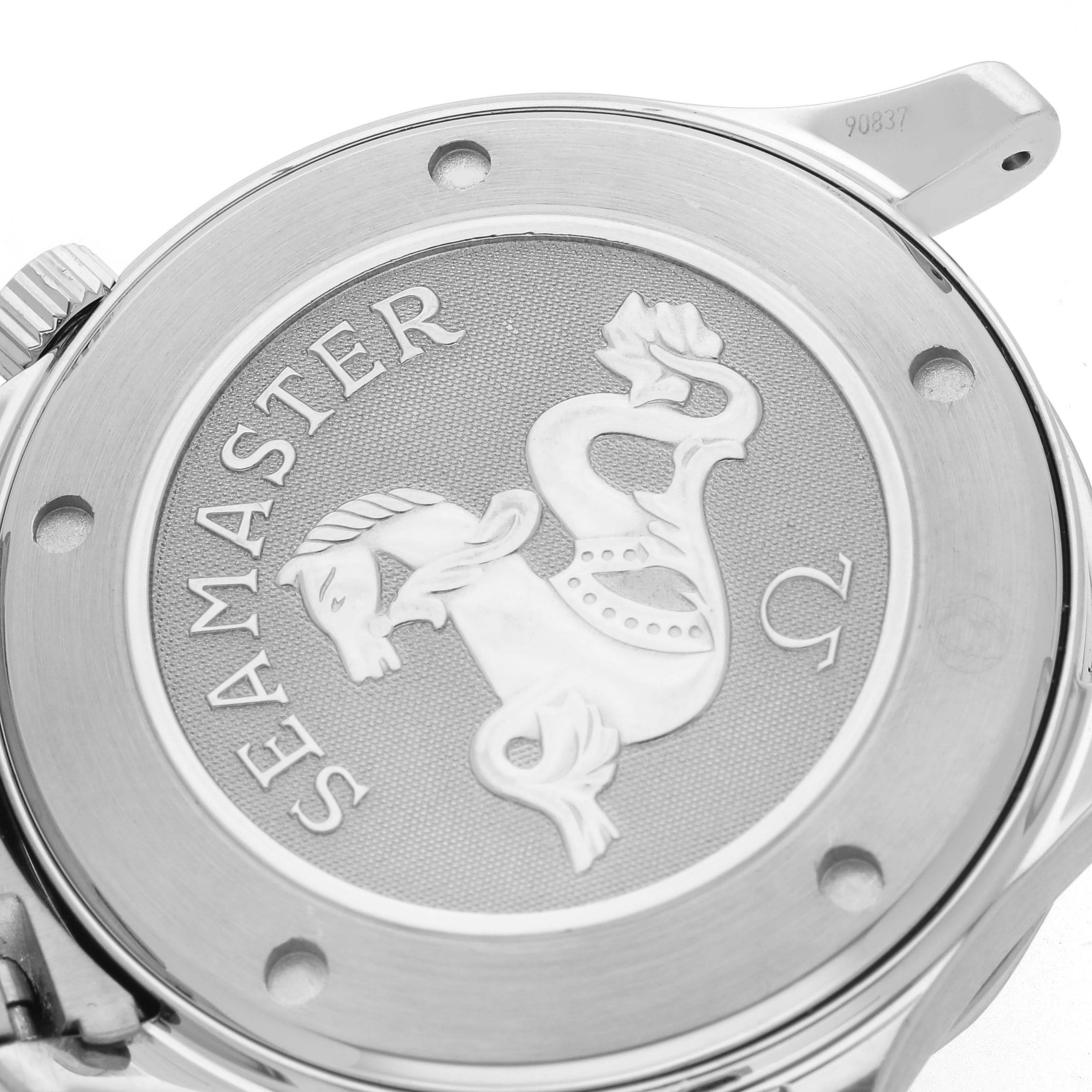 The image shows the back casing of an Omega Seamaster 212.30.41.61.01.001 Men
s Stainless Steel Black Dial 212.30.41.61.01.001 Men
s Stainless Steel Black Dial watch, featuring its logo and engravings.