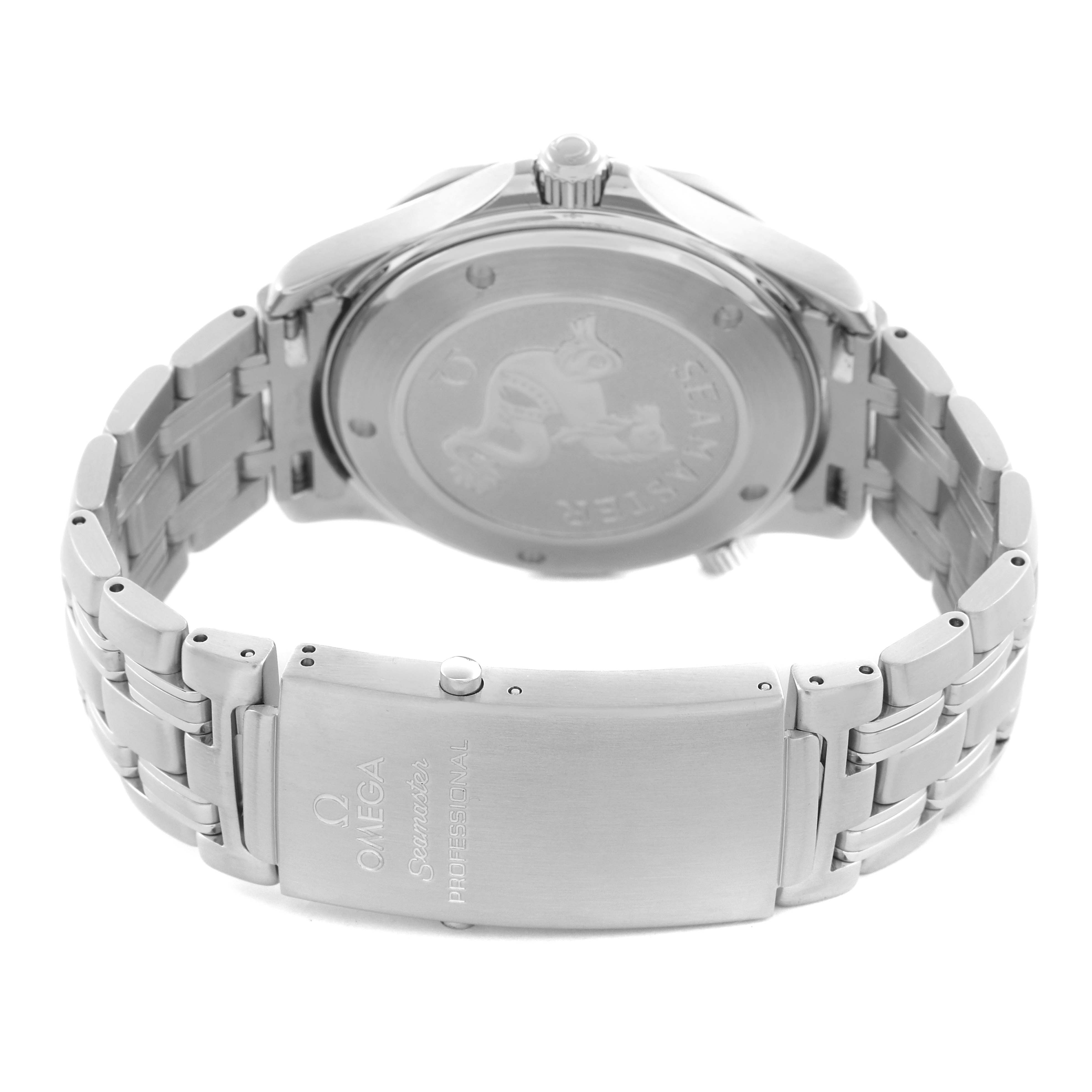 The image shows the back of the Omega Seamaster 212.30.41.61.01.001 Men
s Stainless Steel Black Dial 212.30.41.61.01.001 Men
s Stainless Steel Black Dial watch, highlighting the clasp, bracelet, and case back from a rear angle.