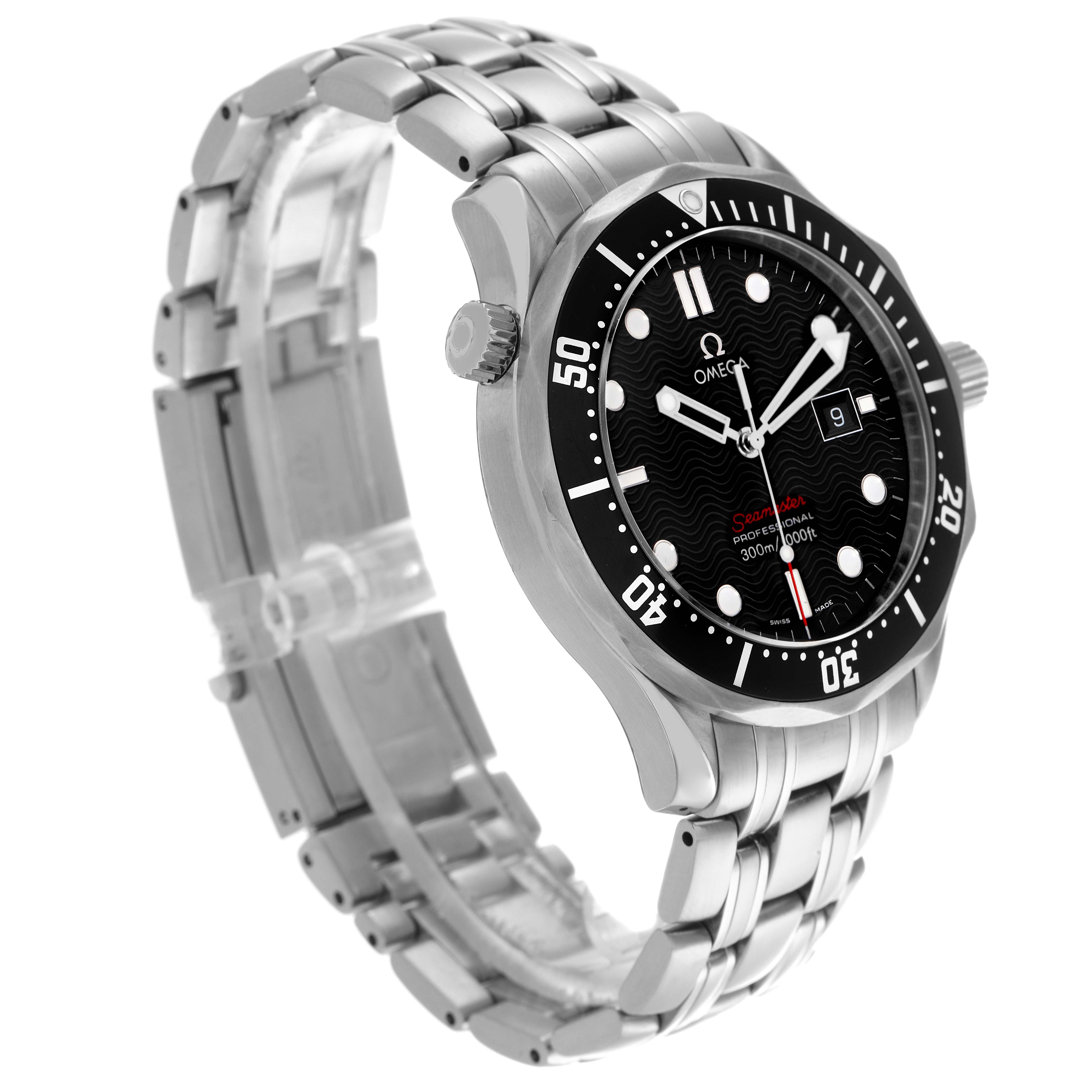The Omega Seamaster 212.30.41.61.01.001 Men
s Stainless Steel Black Dial 212.30.41.61.01.001 Men
s Stainless Steel Black Dial watch is shown in a three-quarter view, highlighting the bezel, dial, bracelet, and crown.