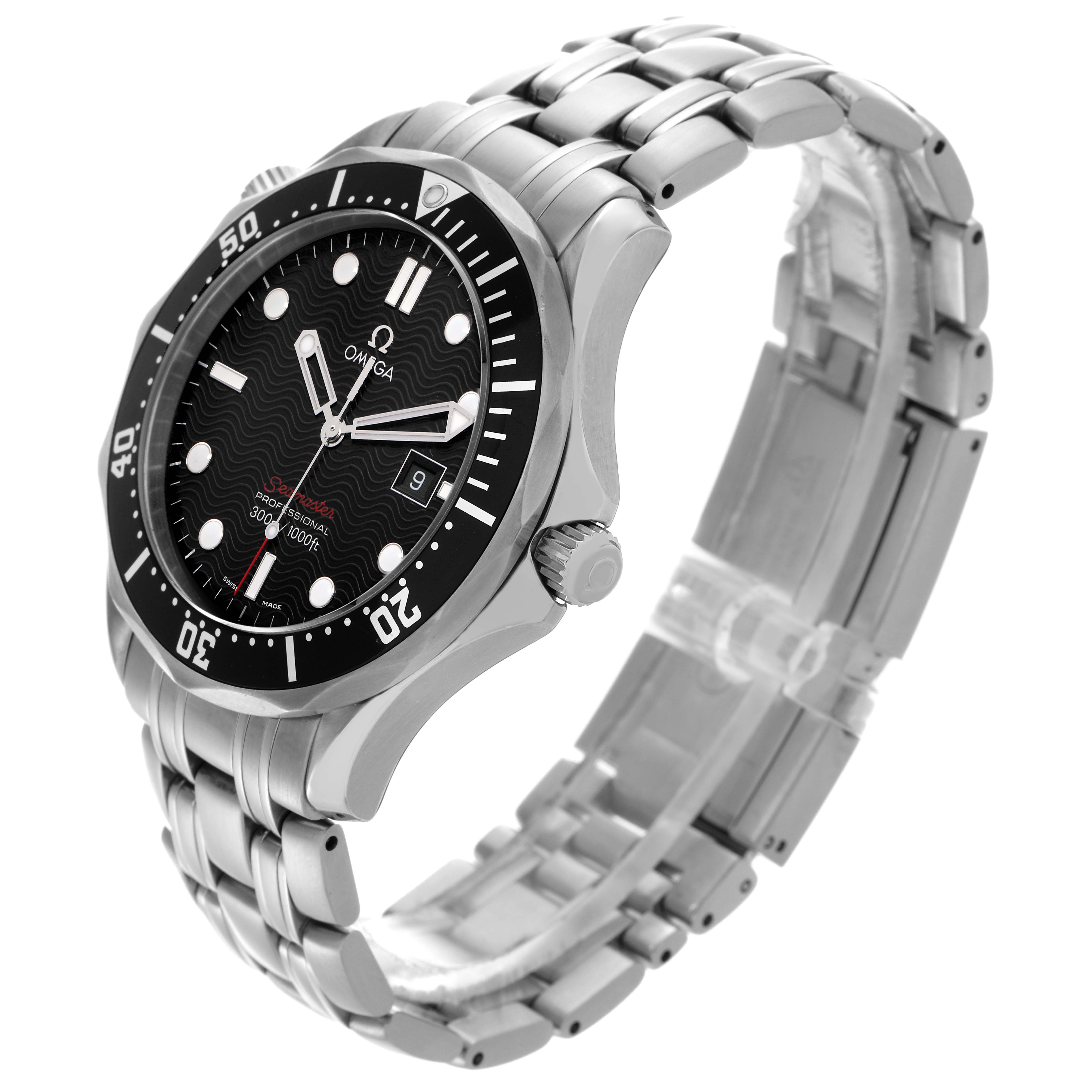 The Omega Seamaster 212.30.41.61.01.001 Men
s Stainless Steel Black Dial 212.30.41.61.01.001 Men
s Stainless Steel Black Dial watch is shown from a three-quarter angle, highlighting the dial, bezel, crown, and metal bracelet.