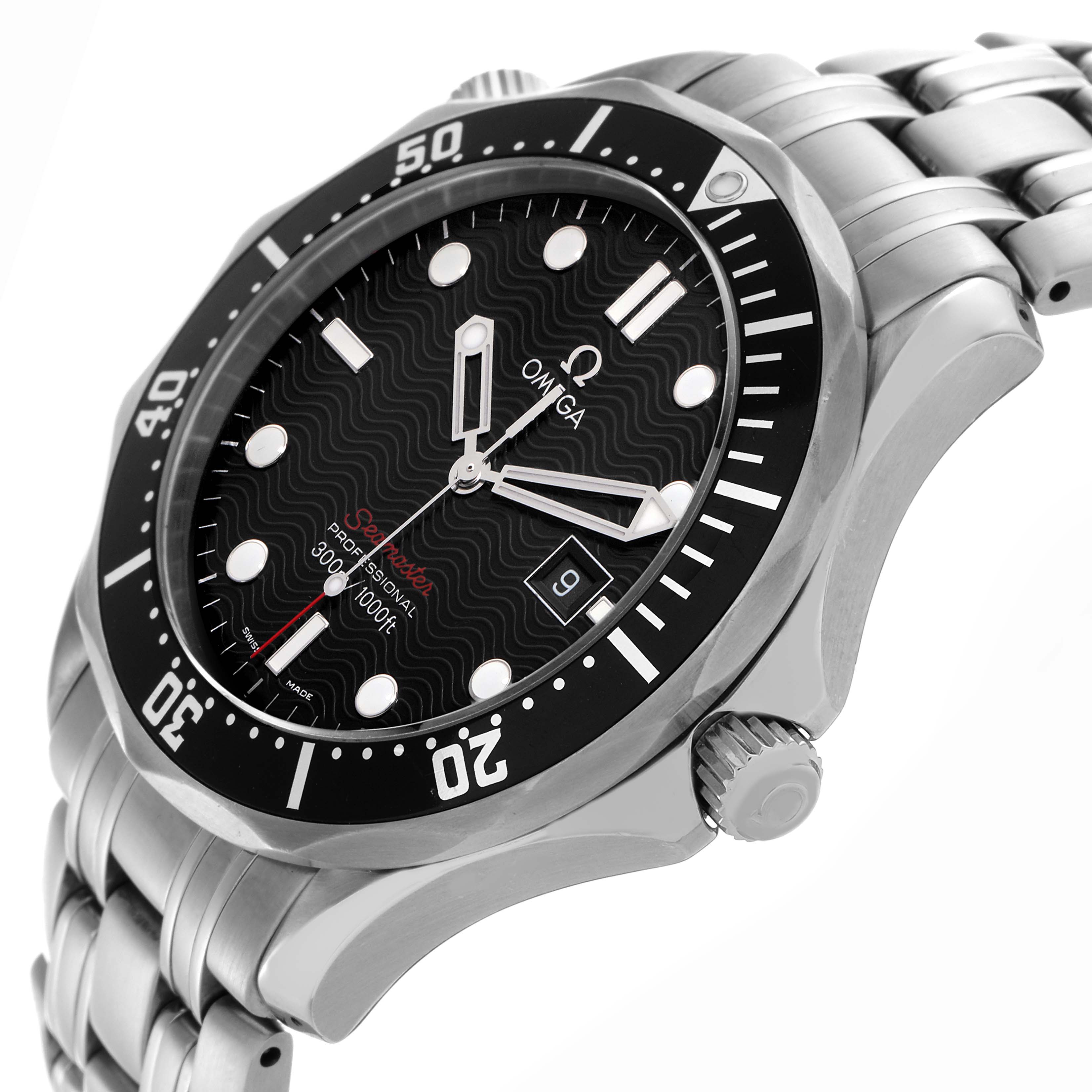 The Omega Seamaster 212.30.41.61.01.001 Men
s Stainless Steel Black Dial 212.30.41.61.01.001 Men
s Stainless Steel Black Dial watch is shown from an angled side view, featuring the black dial, bezel, crown, and stainless steel bracelet.