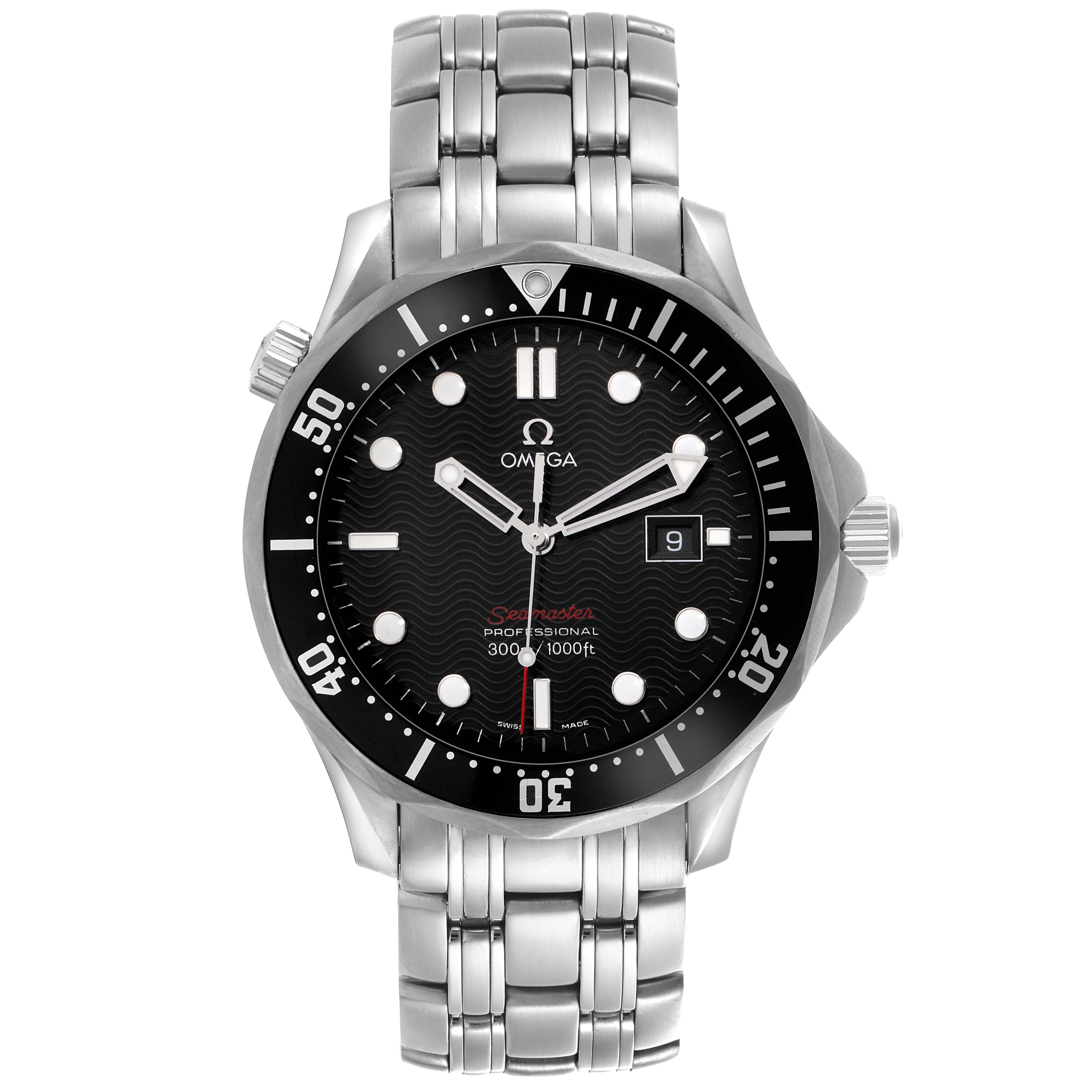 The Omega Seamaster 212.30.41.61.01.001 Men
s Stainless Steel Black Dial 212.30.41.61.01.001 Men
s Stainless Steel Black Dial watch is shown from the front, displaying the dial, bezel, crown, and stainless steel bracelet.