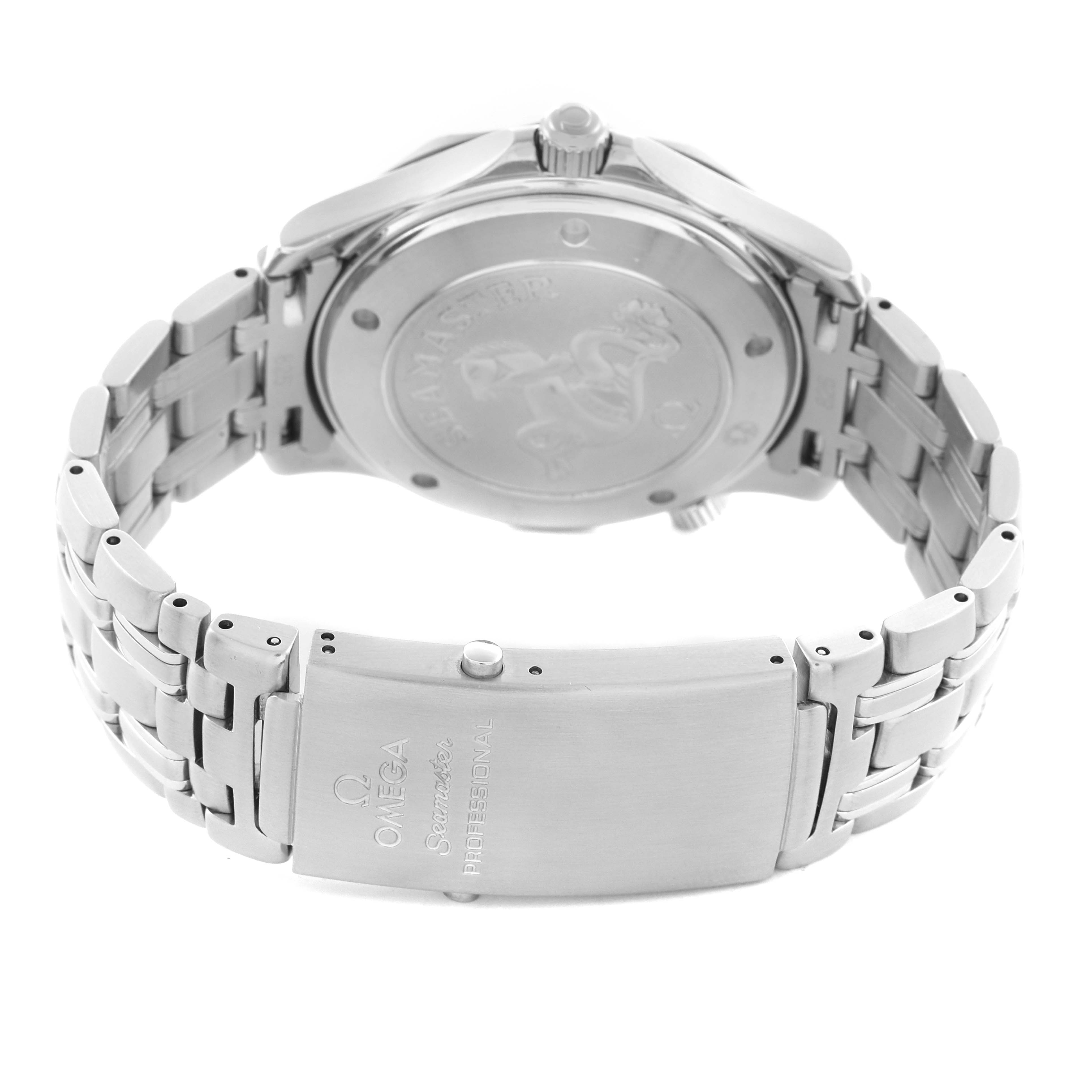 The Omega Seamaster 212.30.41.61.01.001 Men
s Stainless Steel Black Dial 212.30.41.61.01.001 Men
s Stainless Steel Black Dial watch is shown from the back, highlighting the case back and stainless steel bracelet with clasp.