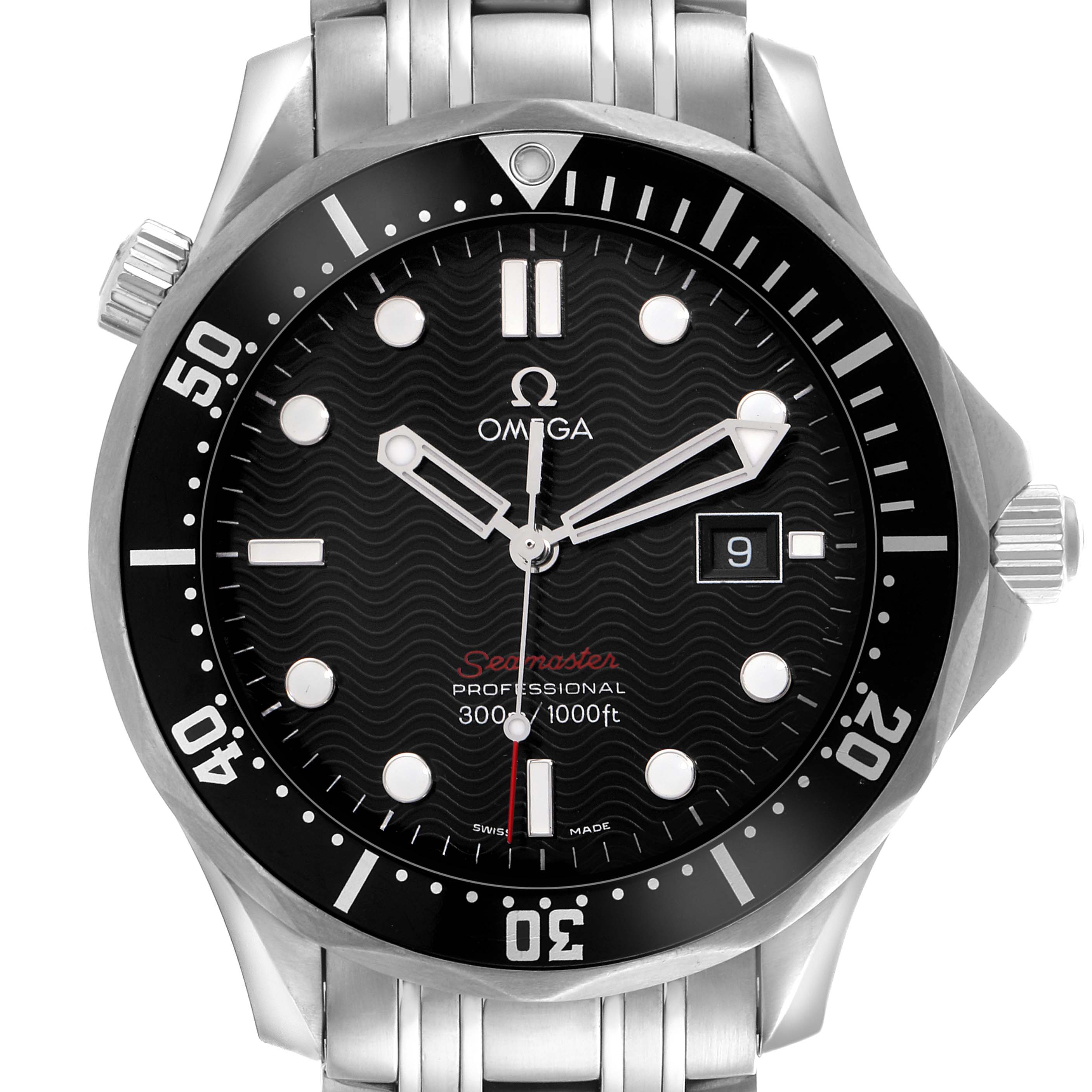 The Omega Seamaster 212.30.41.61.01.001 Men
s Stainless Steel Black Dial 212.30.41.61.01.001 Men
s Stainless Steel Black Dial watch is shown from a front angle, displaying the dial, bezel, bracelet, and crown.