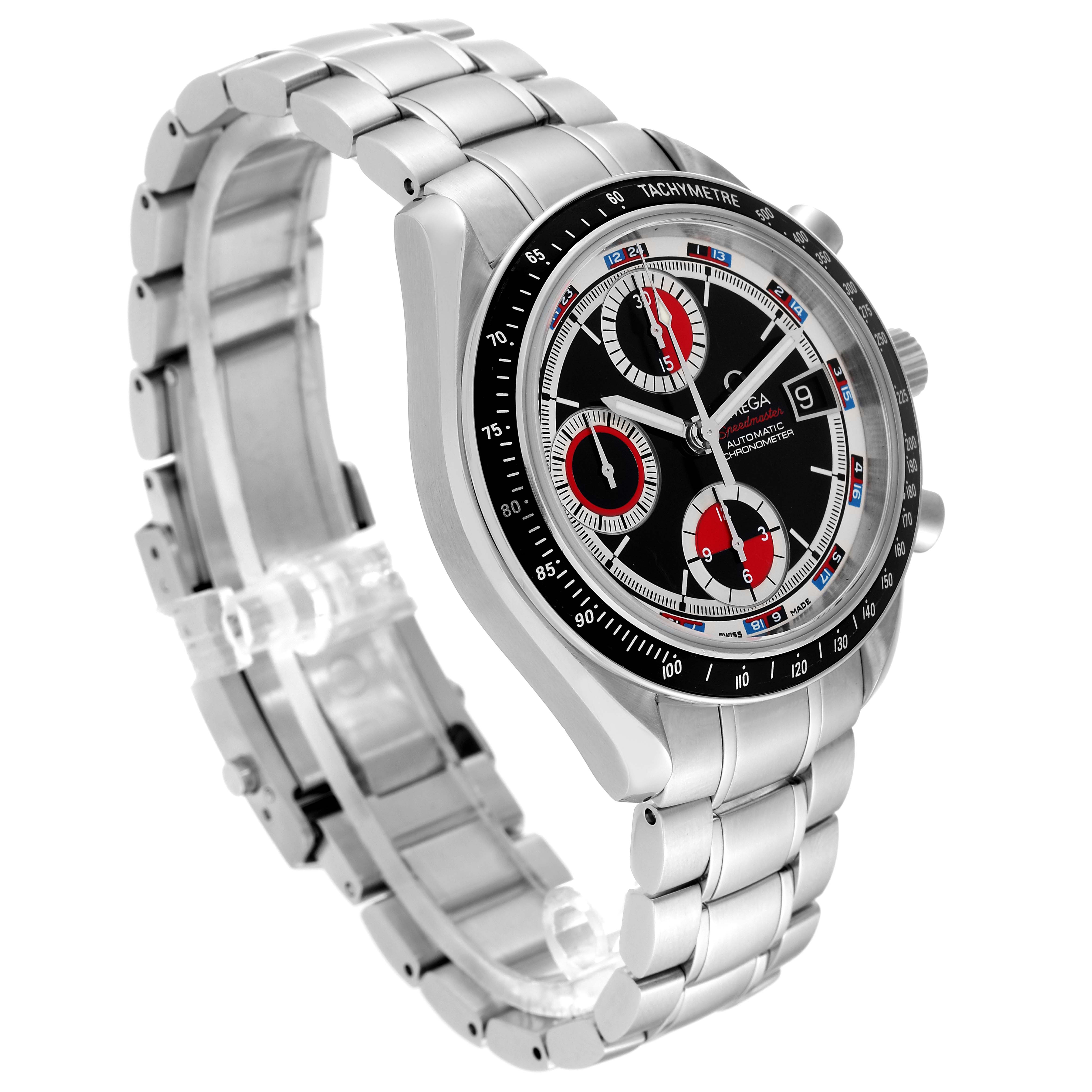 The image shows a side angle of an Omega Speedmaster 3210.52.00 Men
s Stainless Steel Black Dial 3210.52.00 Men
s Stainless Steel Black Dial watch, highlighting the bracelet, tachymeter, and chronograph dials.