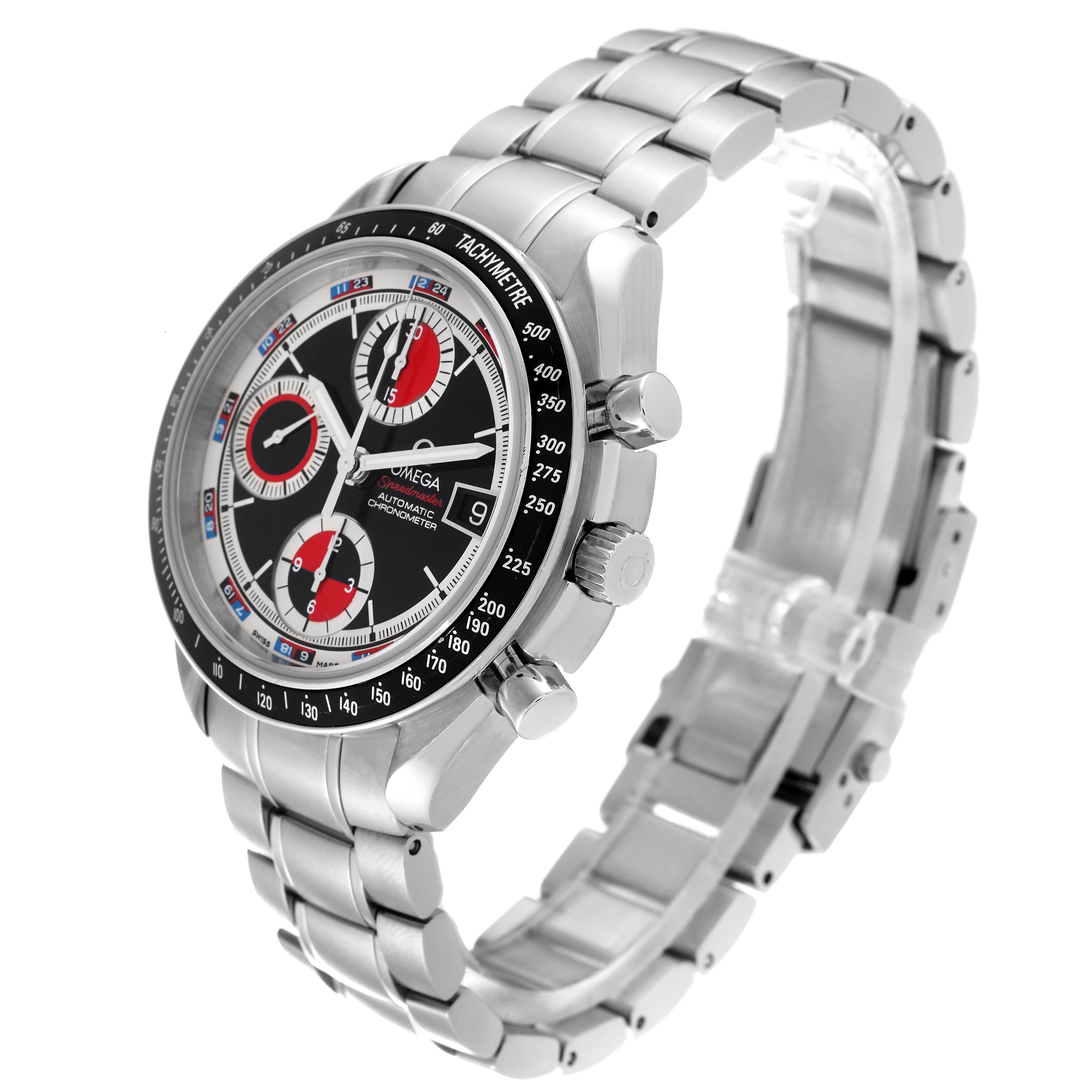 The Omega Speedmaster 3210.52.00 Men
s Stainless Steel Black Dial 3210.52.00 Men
s Stainless Steel Black Dial watch is shown at an angle highlighting the face, bezel, crown, pushers, and stainless steel bracelet.