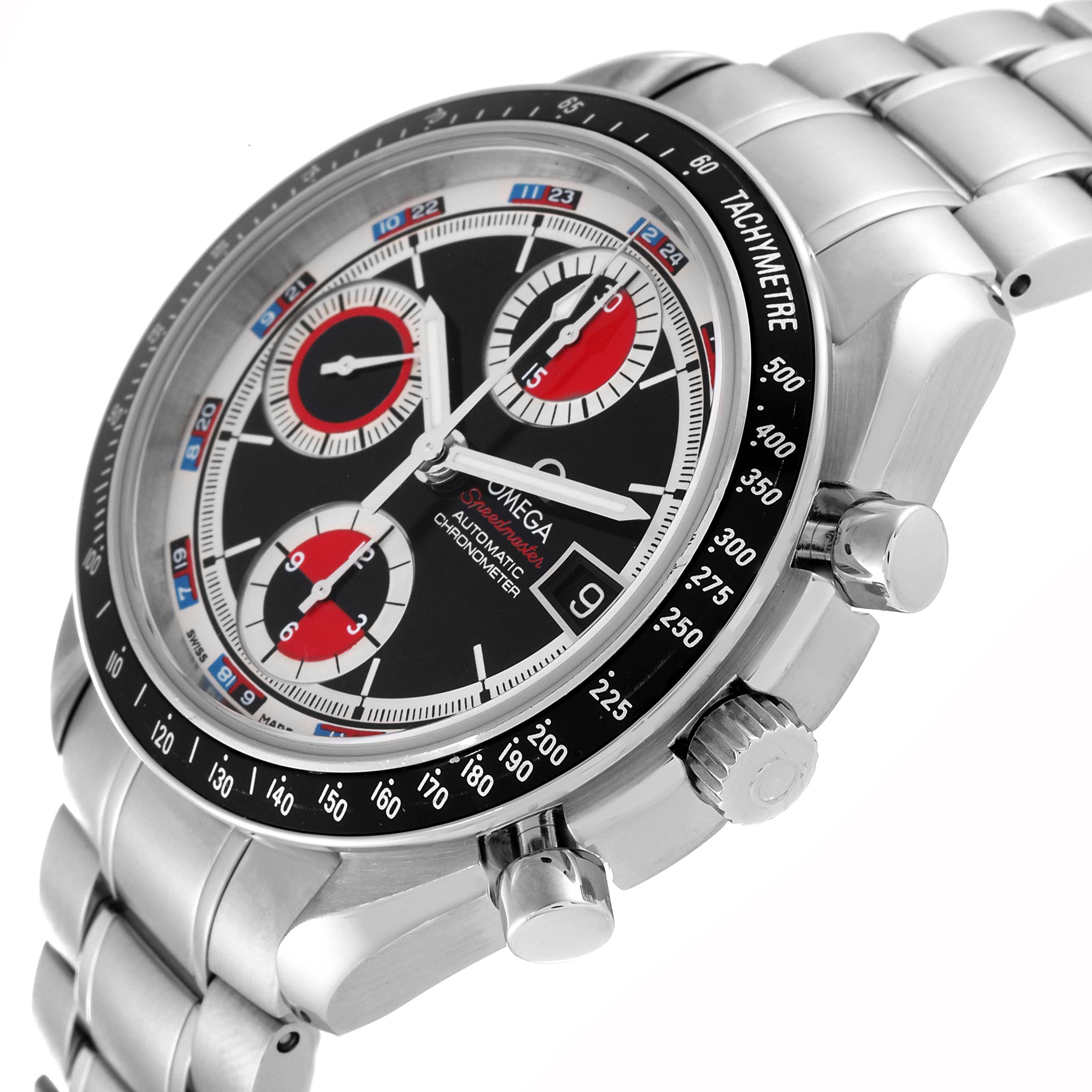 This image shows an angled view of the dial, bezel, and side pushers of an Omega Speedmaster 3210.52.00 Men
s Stainless Steel Black Dial 3210.52.00 Men
s Stainless Steel Black Dial watch.