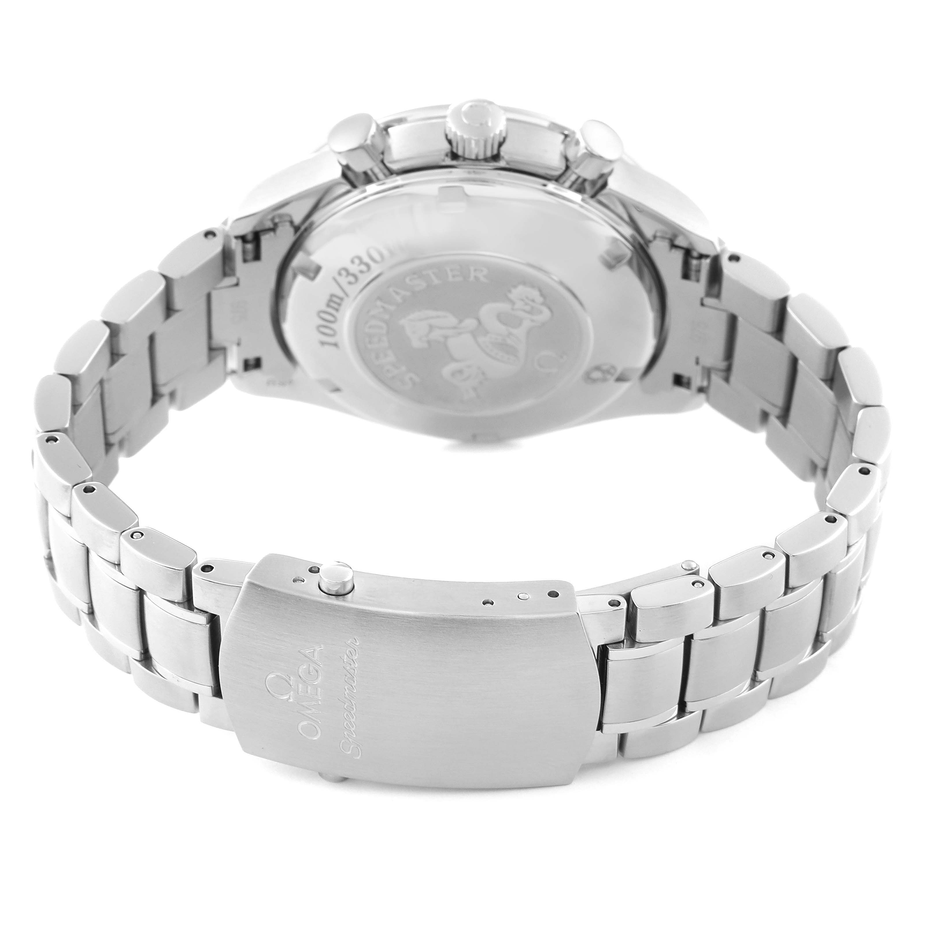 This image shows the back and clasp of an Omega Speedmaster 3210.52.00 Men
s Stainless Steel Black Dial 3210.52.00 Men
s Stainless Steel Black Dial watch, highlighting its stainless steel bracelet and engraved case back.