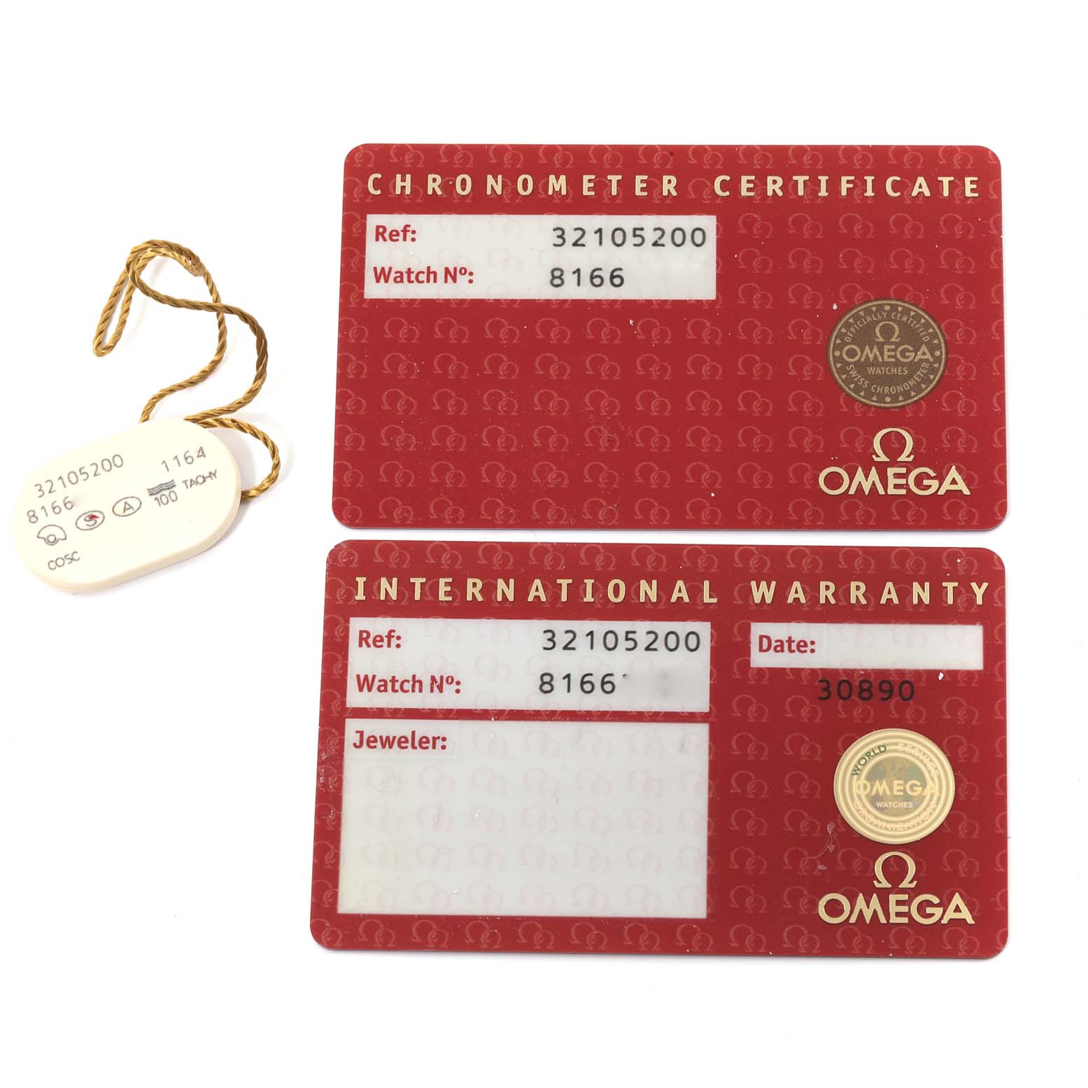 The image shows a chronometer certificate, an international warranty card, and a tag for the Omega Speedmaster 3210.52.00 Men
s Stainless Steel Black Dial 3210.52.00 Men
s Stainless Steel Black Dial watch model.