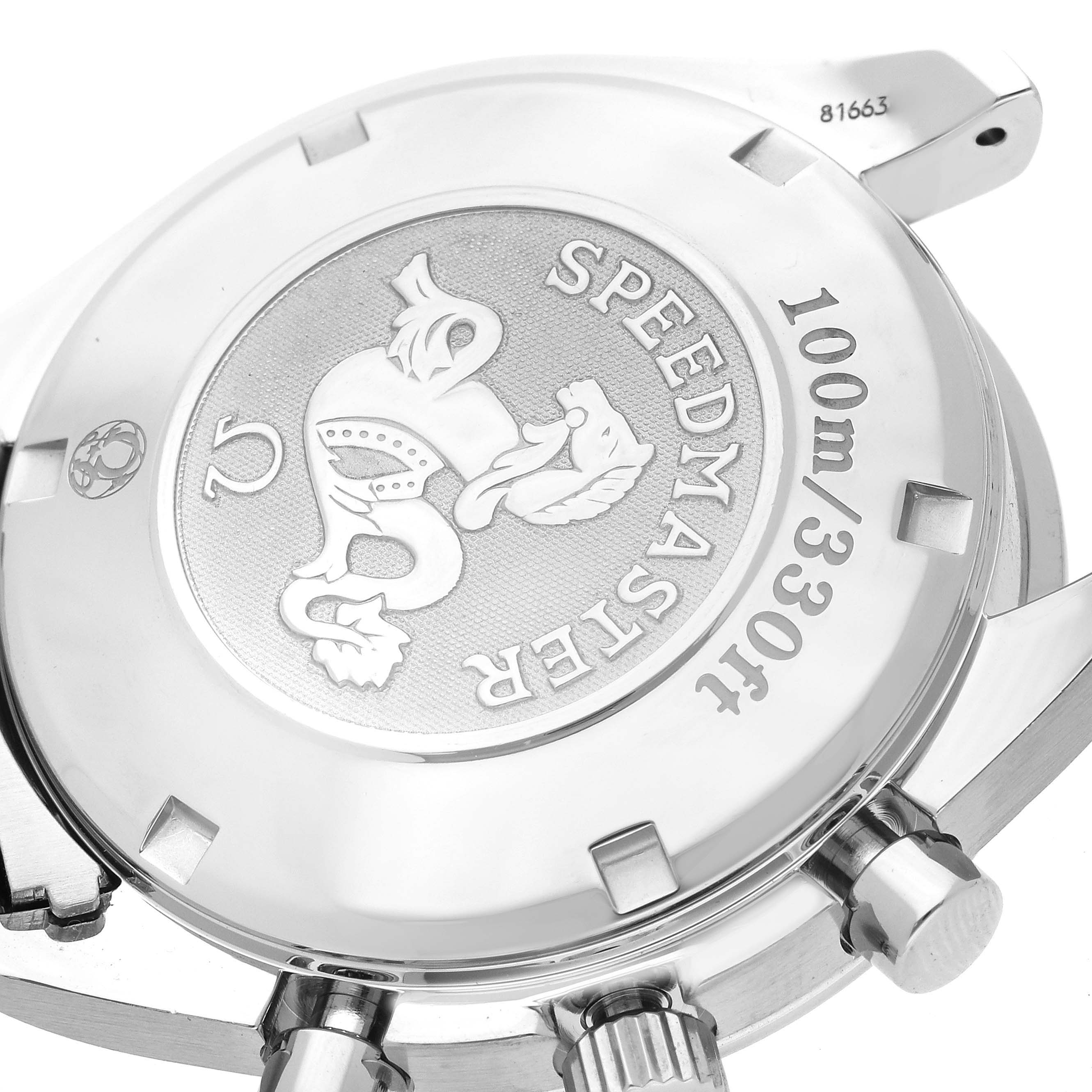 This image shows the back case and crown of an Omega Speedmaster 3210.52.00 Men
s Stainless Steel Black Dial 3210.52.00 Men
s Stainless Steel Black Dial watch from a close-up, side angle.