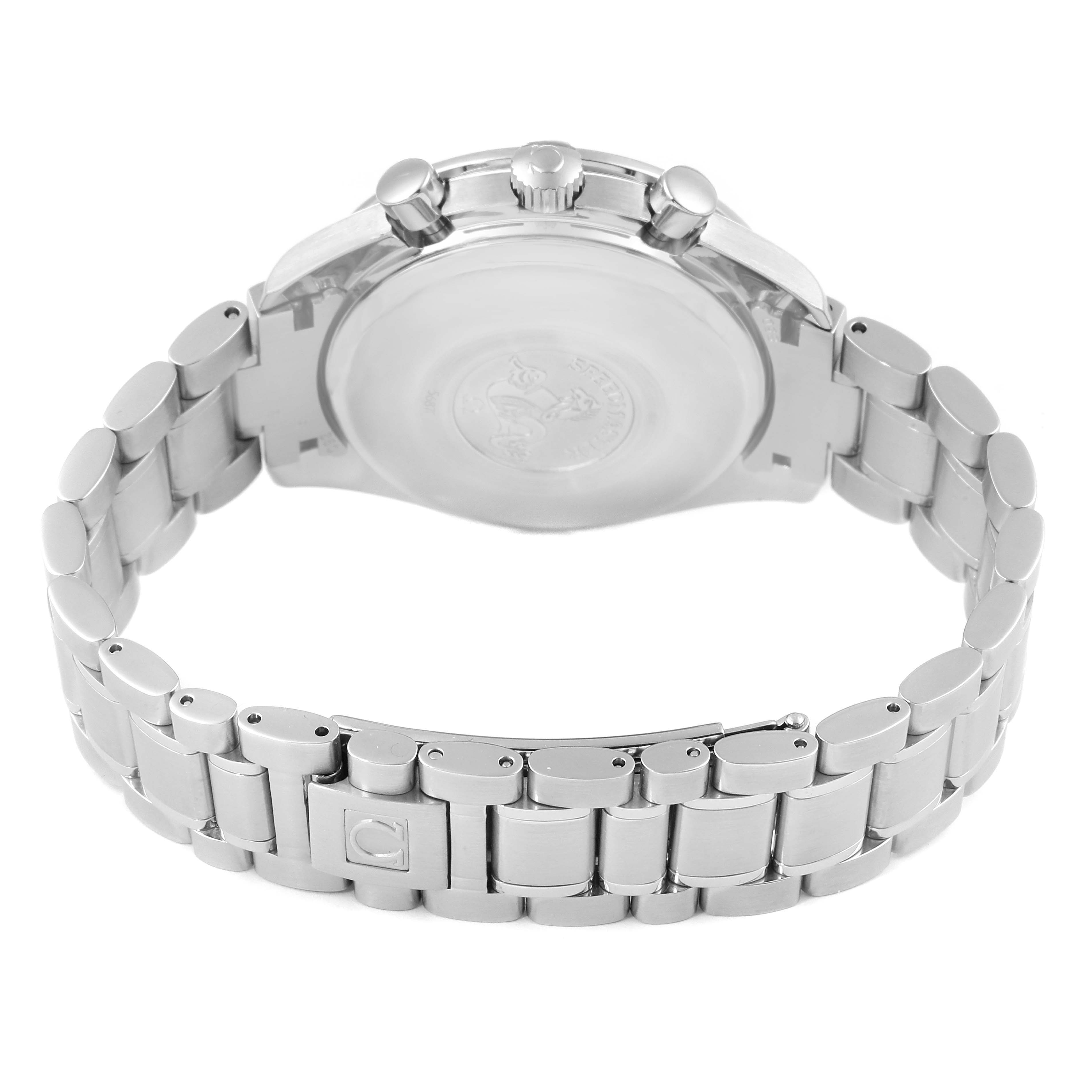 The image shows the back case and metal bracelet of the Omega Speedmaster 3513.50.00 Men
s Stainless Steel Black Dial 3513.50.00 Men
s Stainless Steel Black Dial watch from a rear angle.