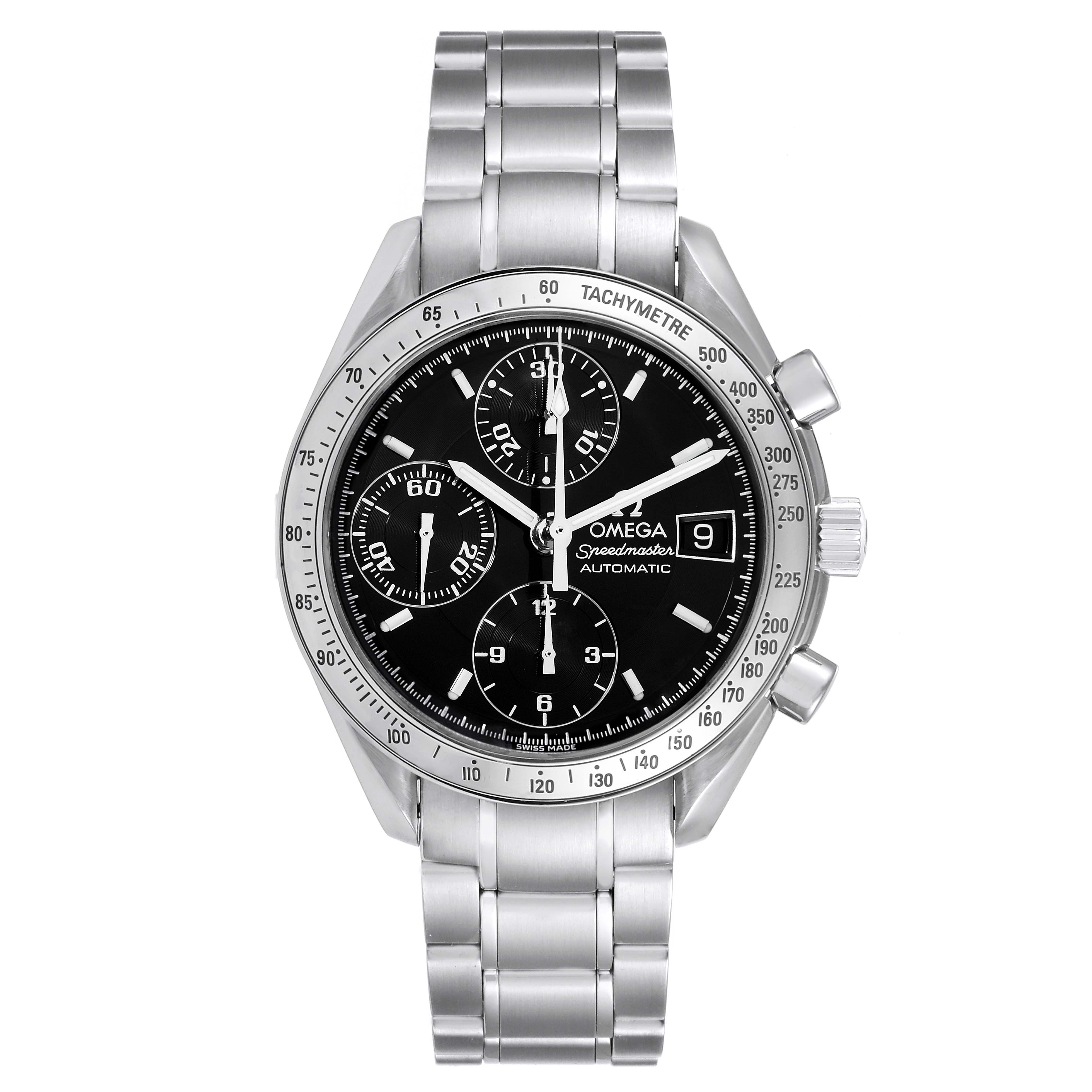 The image shows a front view of an Omega Speedmaster 3513.50.00 Men
s Stainless Steel Black Dial 3513.50.00 Men
s Stainless Steel Black Dial watch with a stainless steel bracelet and black dial.