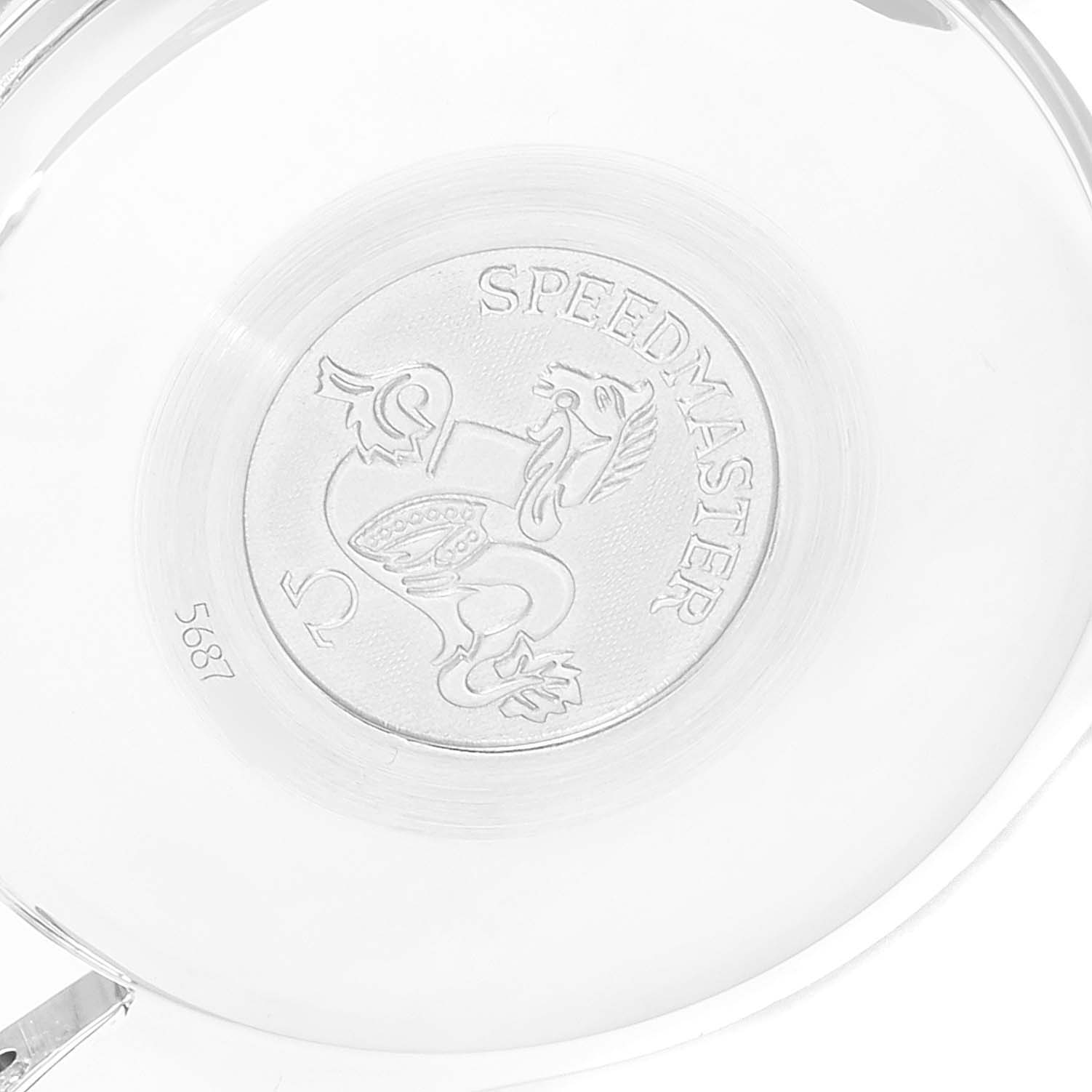 The image shows the engraved case back of an Omega Speedmaster 3513.50.00 Men
s Stainless Steel Black Dial 3513.50.00 Men
s Stainless Steel Black Dial watch, highlighting the logo and model name.