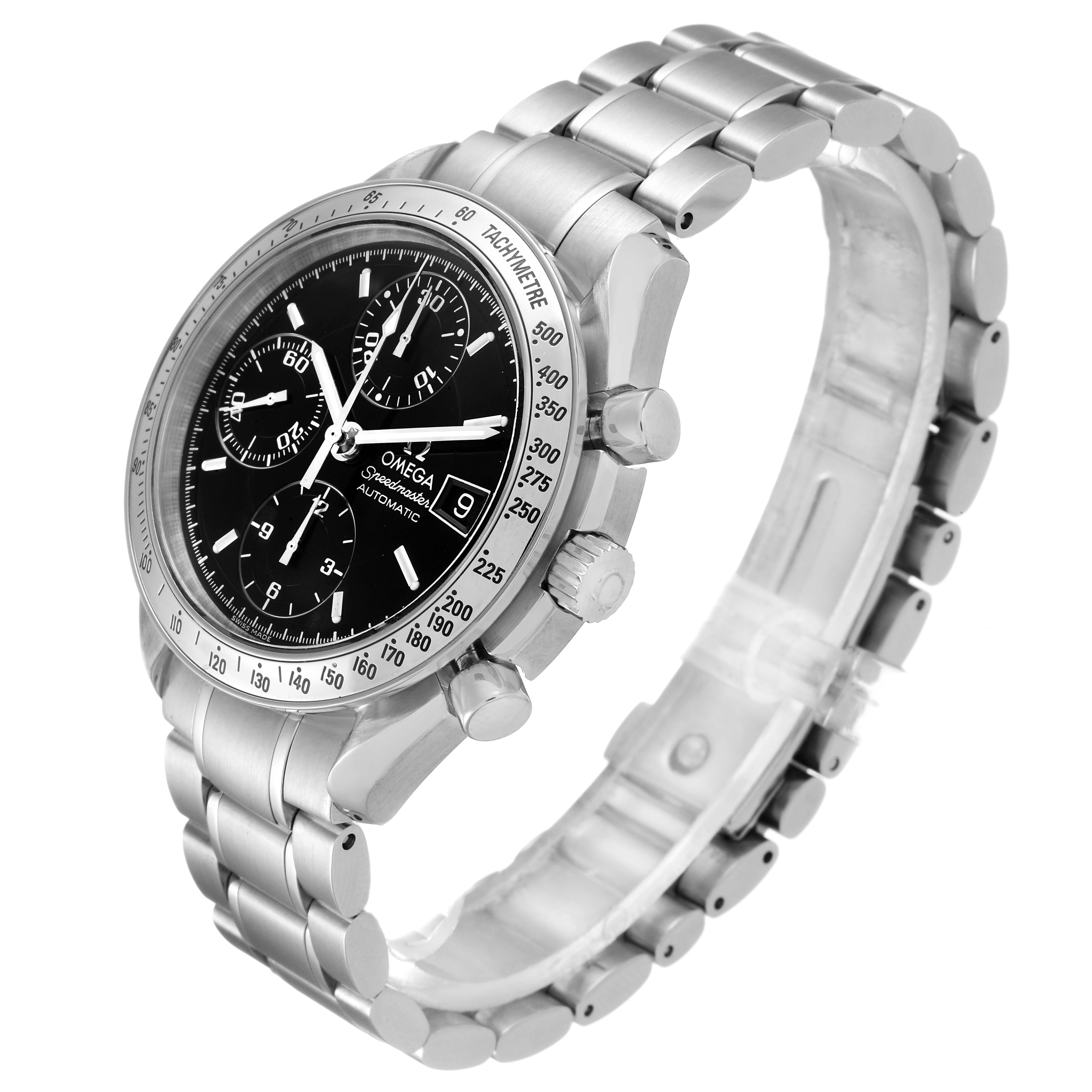 The Omega Speedmaster 3513.50.00 Men
s Stainless Steel Black Dial 3513.50.00 Men
s Stainless Steel Black Dial watch is shown at a slight angle featuring the face, side buttons, and stainless steel bracelet.