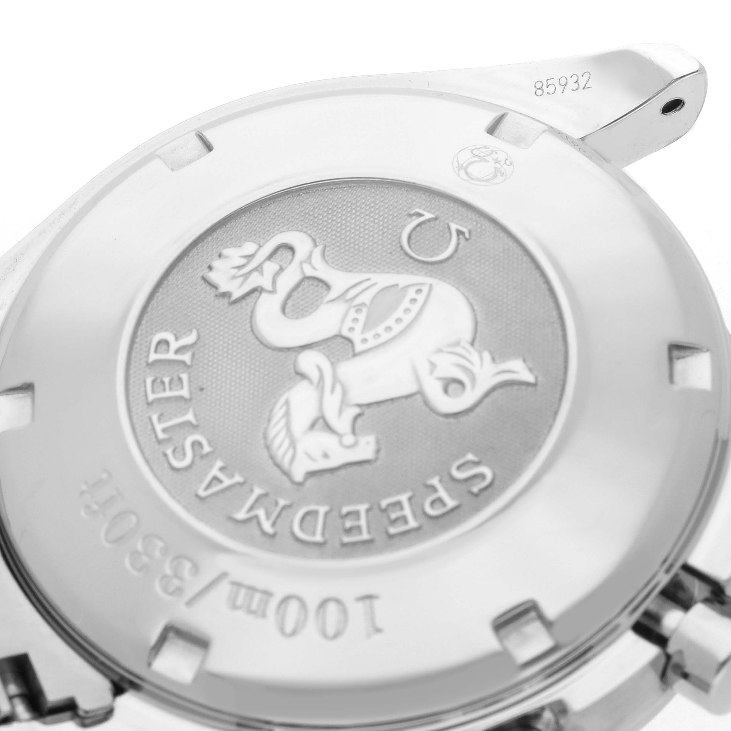 The image shows the Omega Speedmaster 3210.50.00 Men's Stainless Steel Black Dial 3210.50.00 Men's Stainless Steel Black Dial watch case back from an angled view, highlighting its engraved logo and text details.