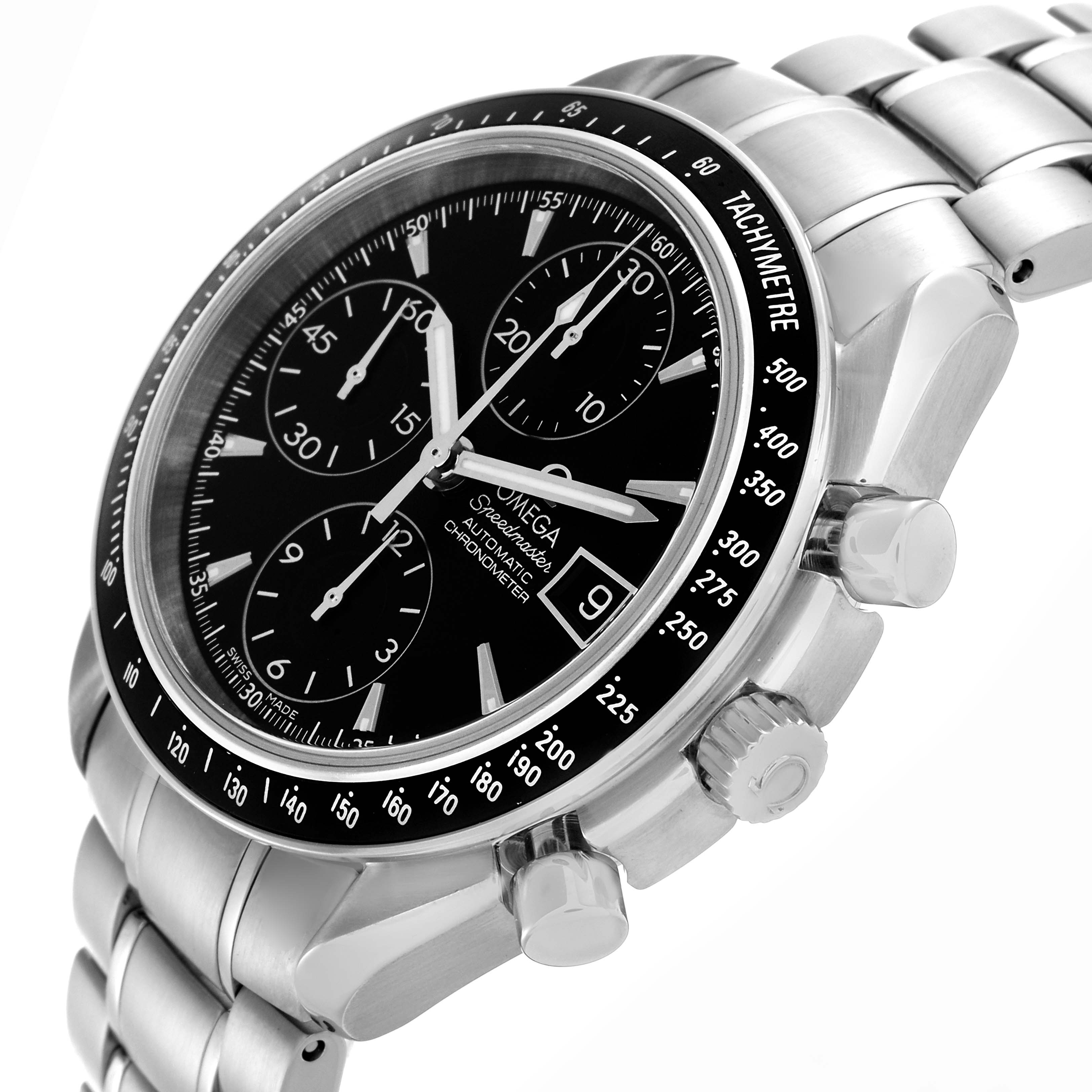 The Omega Speedmaster 3210.50.00 Men's Stainless Steel Black Dial 3210.50.00 Men's Stainless Steel Black Dial watch is shown at a three-quarter angle, highlighting the face, bezel, crown, and chronograph pushers.