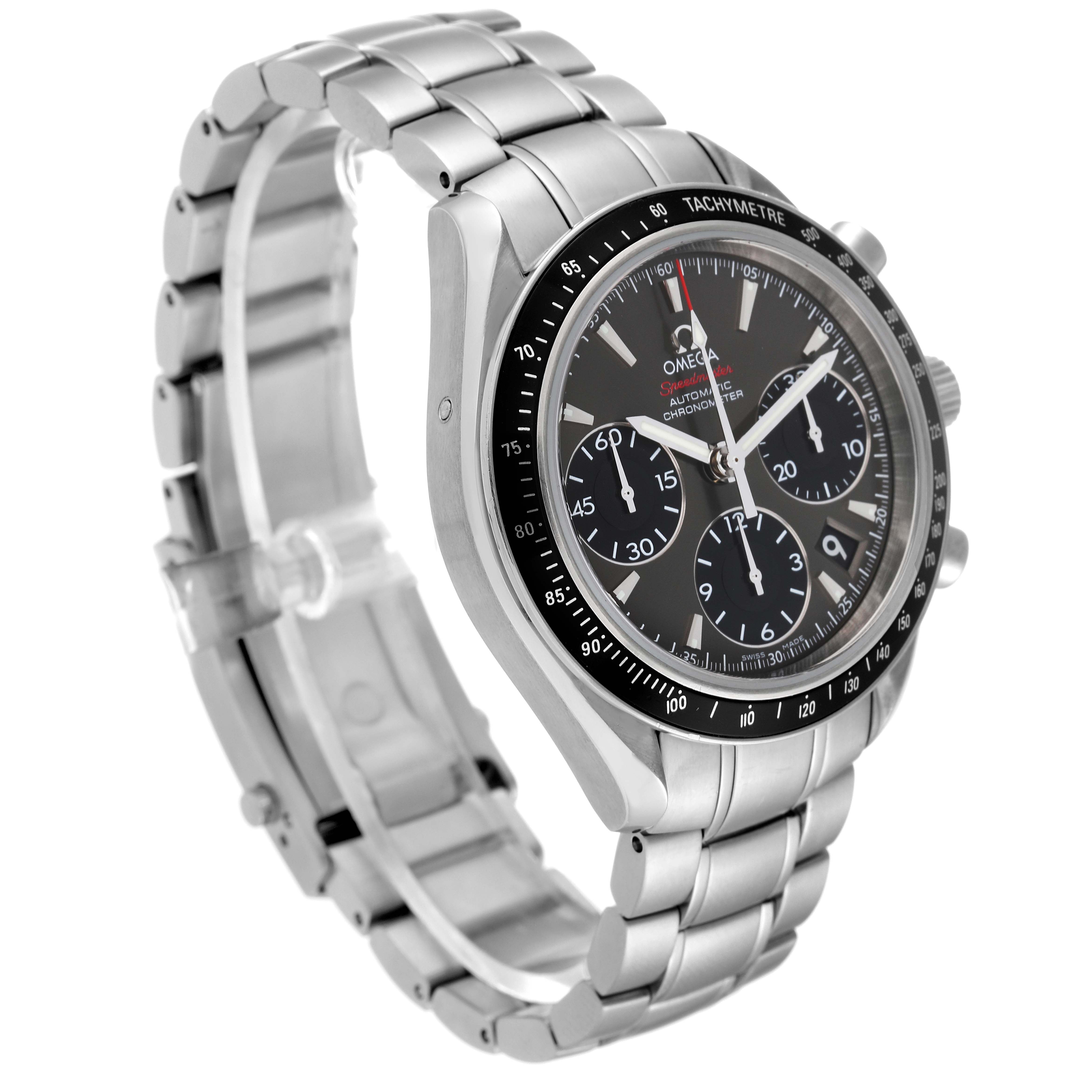 This image shows the Omega Speedmaster 323.30.40.40.06.001 Men's Stainless Steel Grey Dial 323.30.40.40.06.001 Men's Stainless Steel Grey Dial watch at a three-quarter angle, highlighting its bracelet, bezel, and chronograph dial.