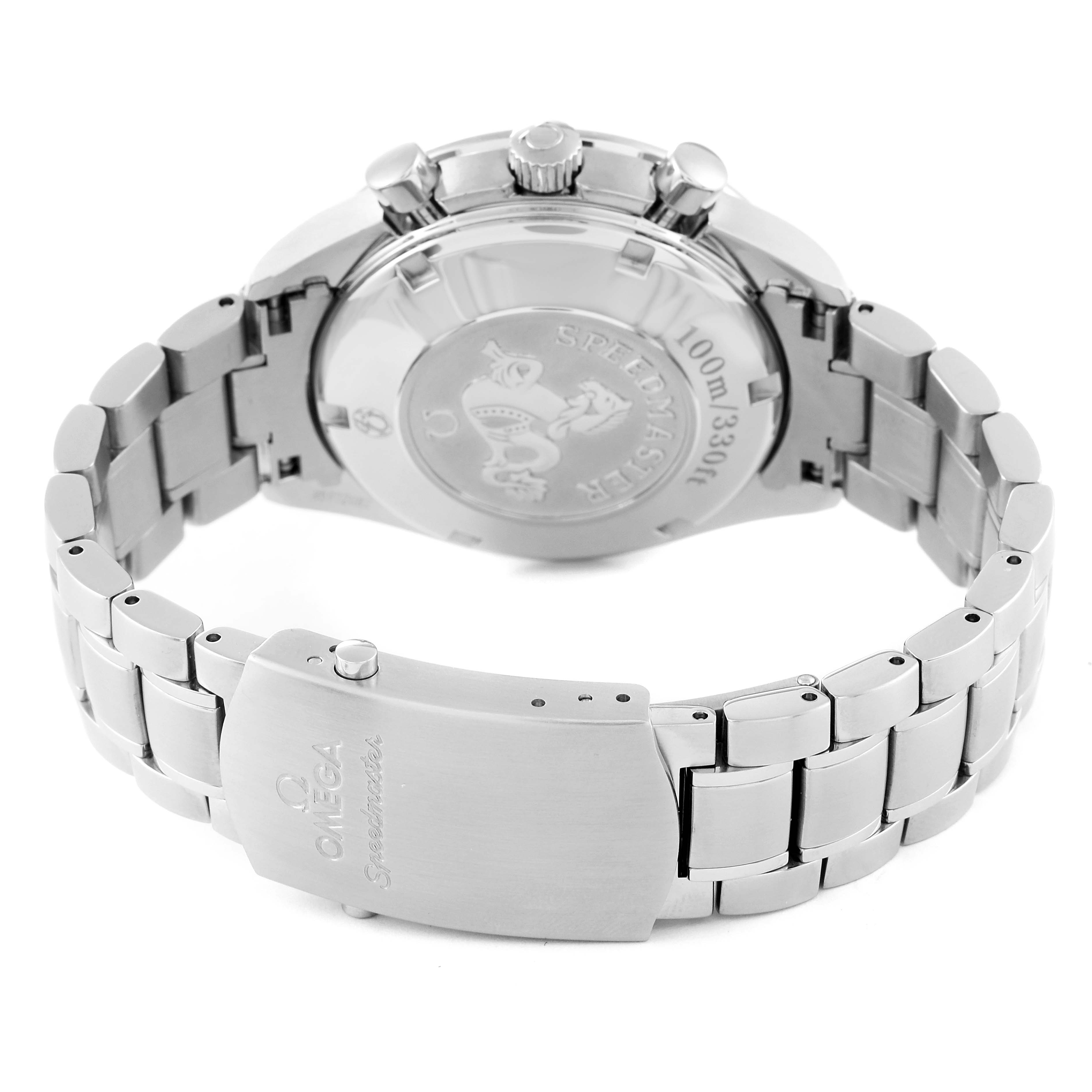 This image shows the back view of an Omega Speedmaster 323.30.40.40.06.001 Men's Stainless Steel Grey Dial 323.30.40.40.06.001 Men's Stainless Steel Grey Dial watch, highlighting the clasp, bracelet, and case back.