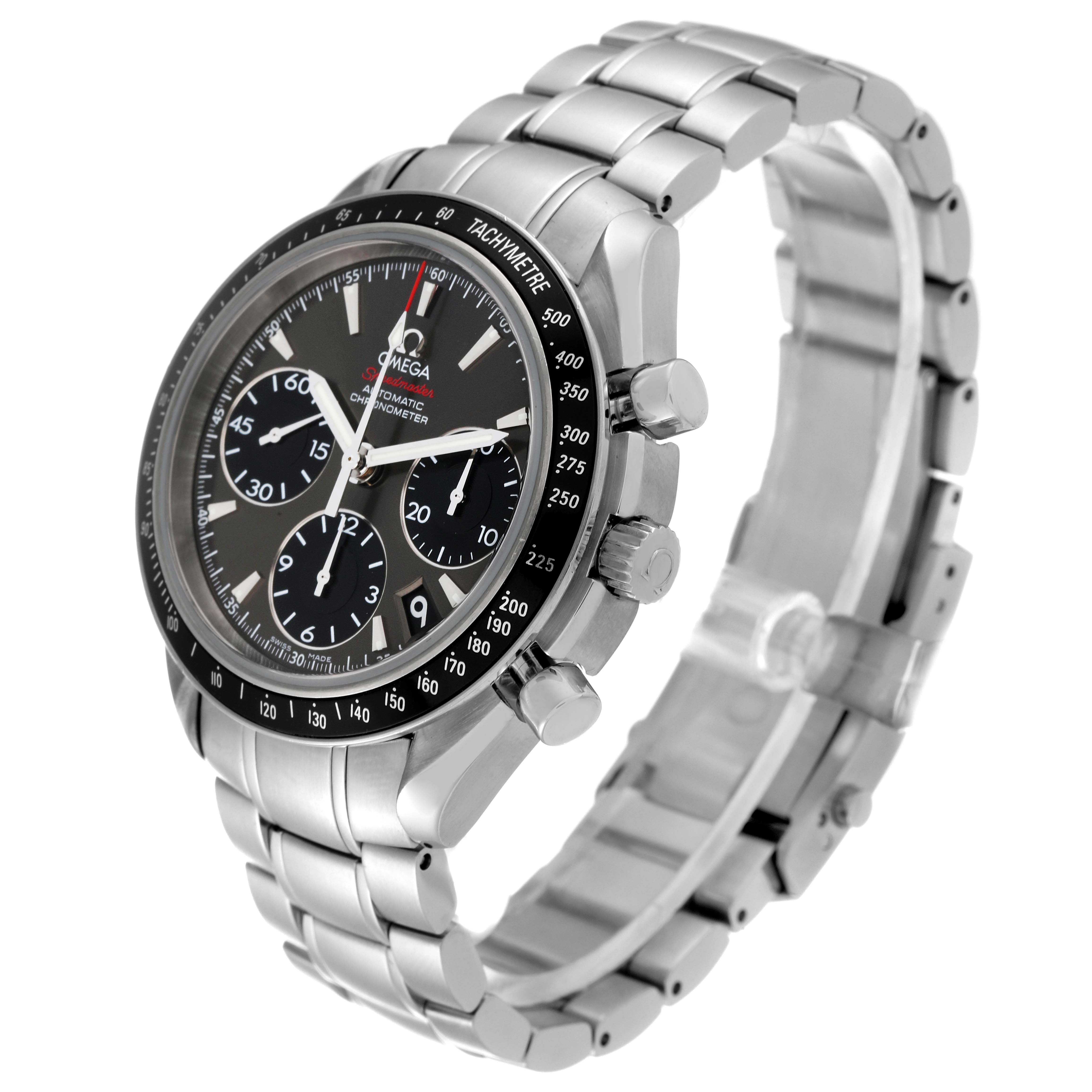 This image shows an Omega Speedmaster 323.30.40.40.06.001 Men's Stainless Steel Grey Dial 323.30.40.40.06.001 Men's Stainless Steel Grey Dial watch from an angled side view, displaying the bracelet, case, and dial.