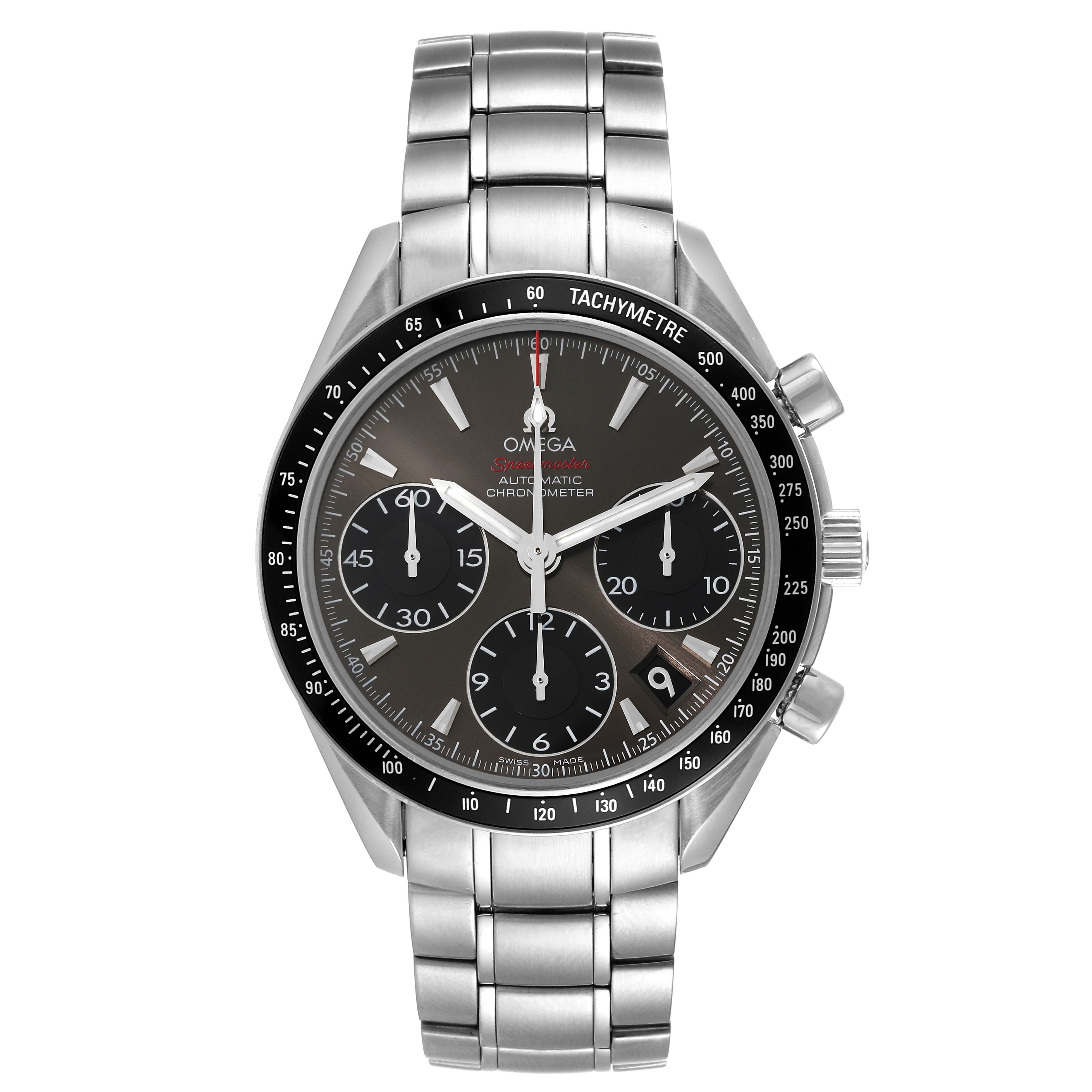 The image shows the front view of the Omega Speedmaster 323.30.40.40.06.001 Men's Stainless Steel Grey Dial 323.30.40.40.06.001 Men's Stainless Steel Grey Dial watch, highlighting its dial, subdials, bezel, crown, and metal band.