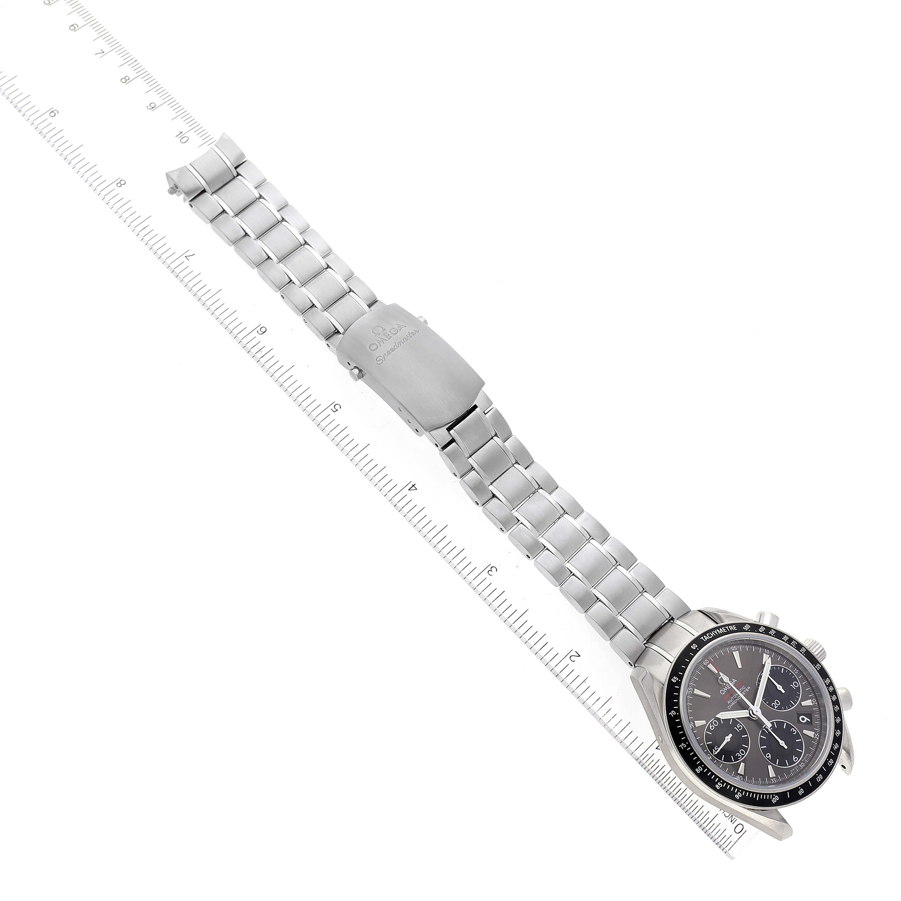 The Omega Speedmaster 323.30.40.40.06.001 Men's Stainless Steel Grey Dial 323.30.40.40.06.001 Men's Stainless Steel Grey Dial watch is shown at a slight diagonal angle, capturing both the face and the full length of the metal bracelet.