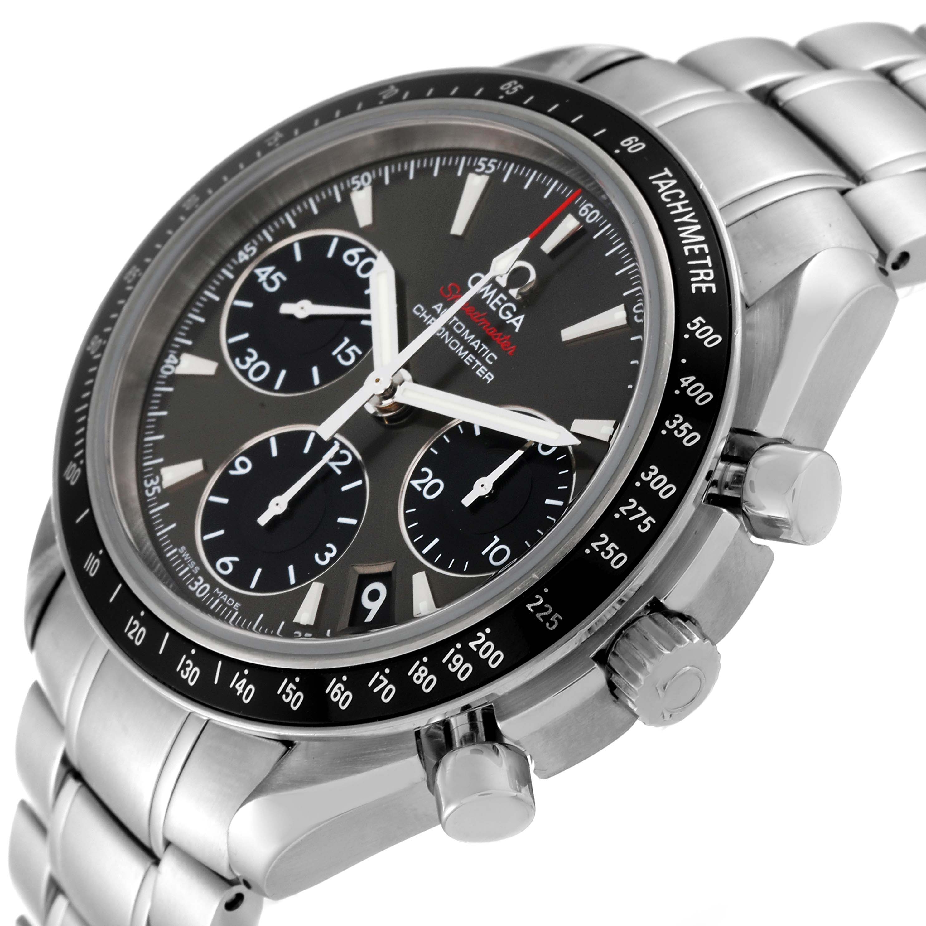 The image shows an angled view of the Omega Speedmaster 323.30.40.40.06.001 Men's Stainless Steel Grey Dial 323.30.40.40.06.001 Men's Stainless Steel Grey Dial watch, highlighting the face, bezel, chronograph sub-dials, and metal band.