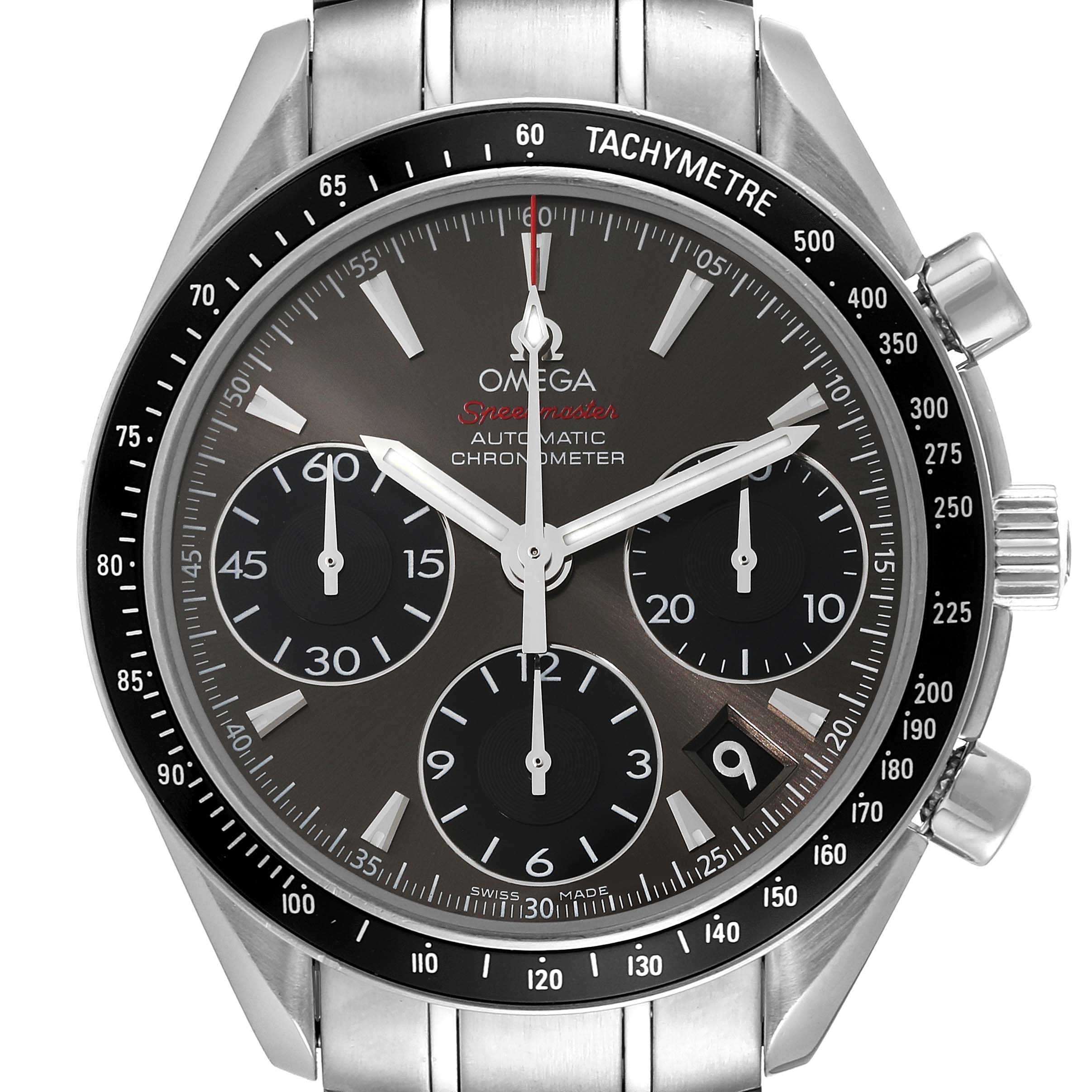This image shows a front view of an Omega Speedmaster 323.30.40.40.06.001 Men's Stainless Steel Grey Dial 323.30.40.40.06.001 Men's Stainless Steel Grey Dial watch, highlighting the face, dials, hands, and bezel with a tachymeter scale.