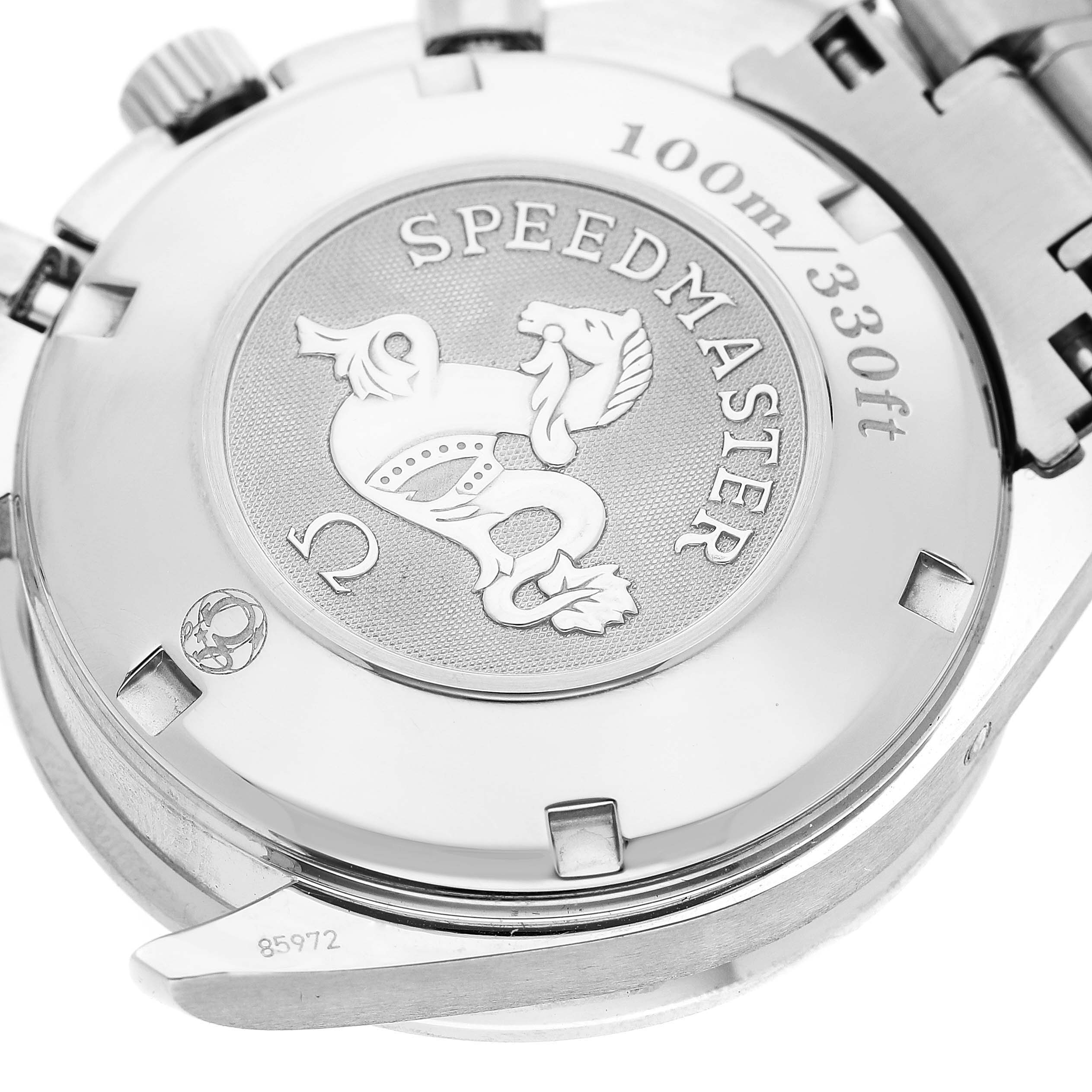 The image shows the back case of an Omega Speedmaster 323.30.40.40.06.001 Men's Stainless Steel Grey Dial 323.30.40.40.06.001 Men's Stainless Steel Grey Dial watch, highlighting the engravings and water resistance rating.