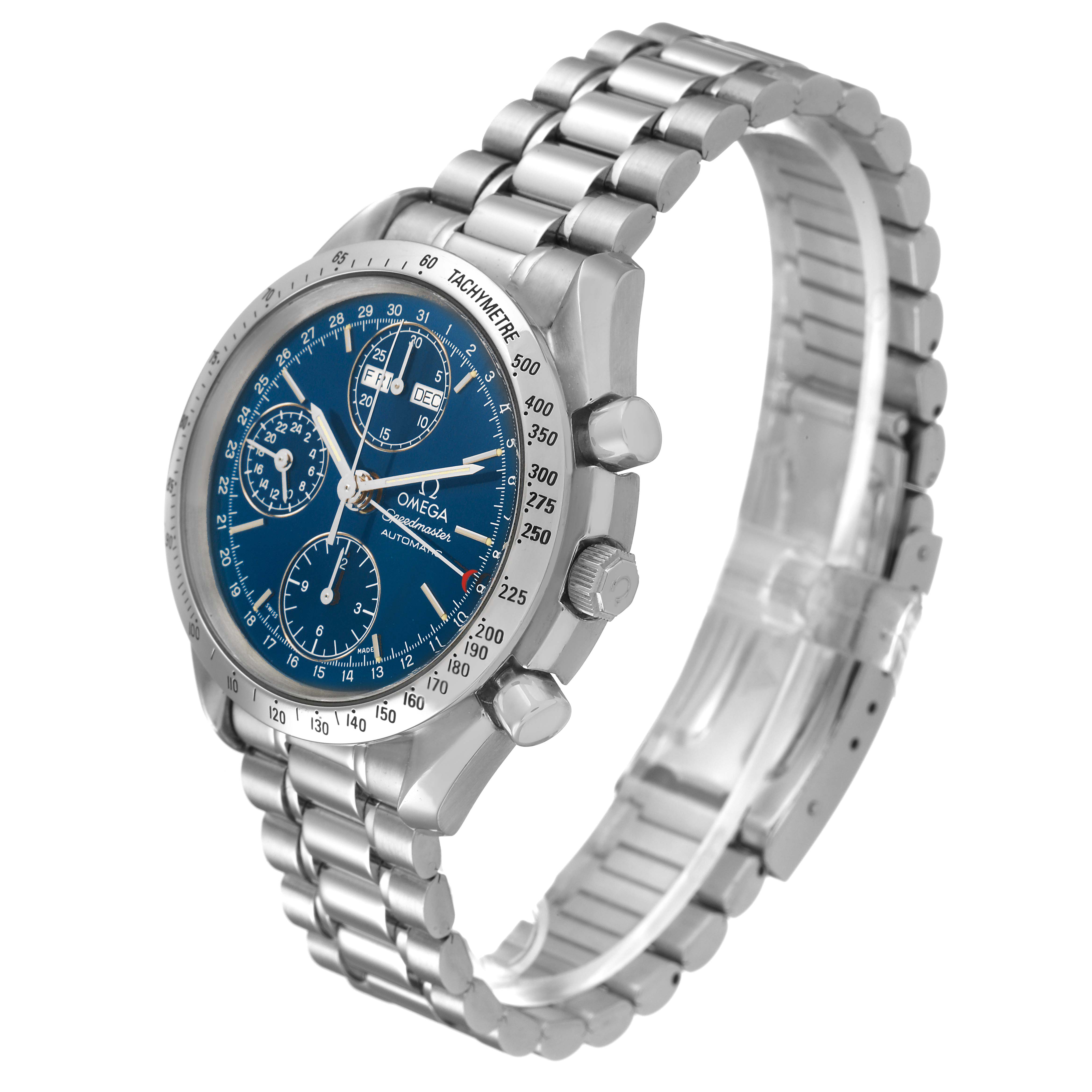 The Omega Speedmaster 3521.80.00 Men's Stainless Steel Blue Dial watch is shown at a three-quarter angle, highlighting its blue dial, chronograph, and metal bracelet.