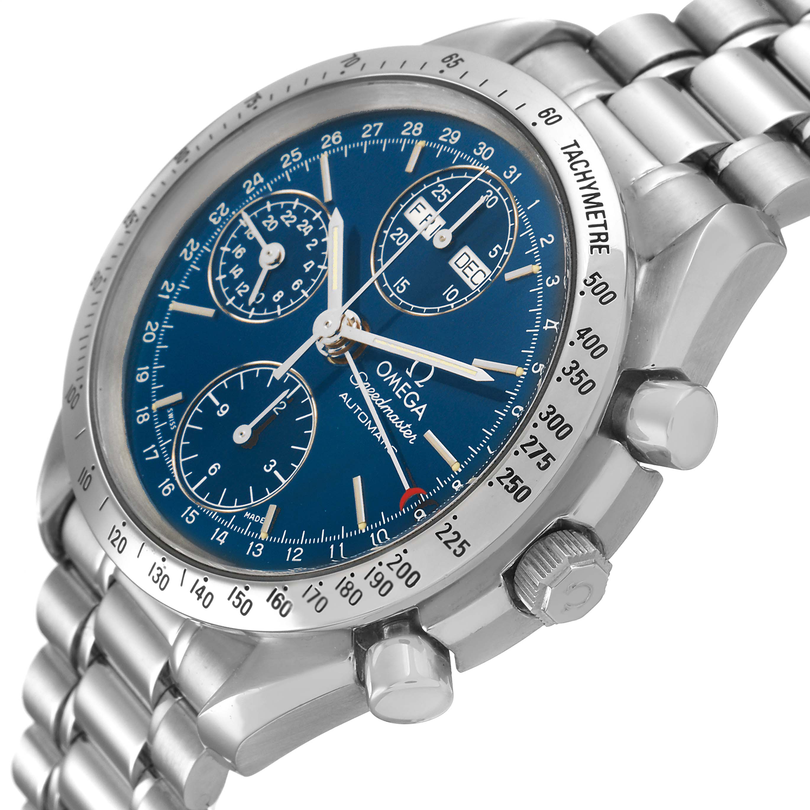 The image shows an angled view of an Omega Speedmaster 3521.80.00 Men's Stainless Steel Blue Dial watch, highlighting the dial, bezel, and metal bracelet.