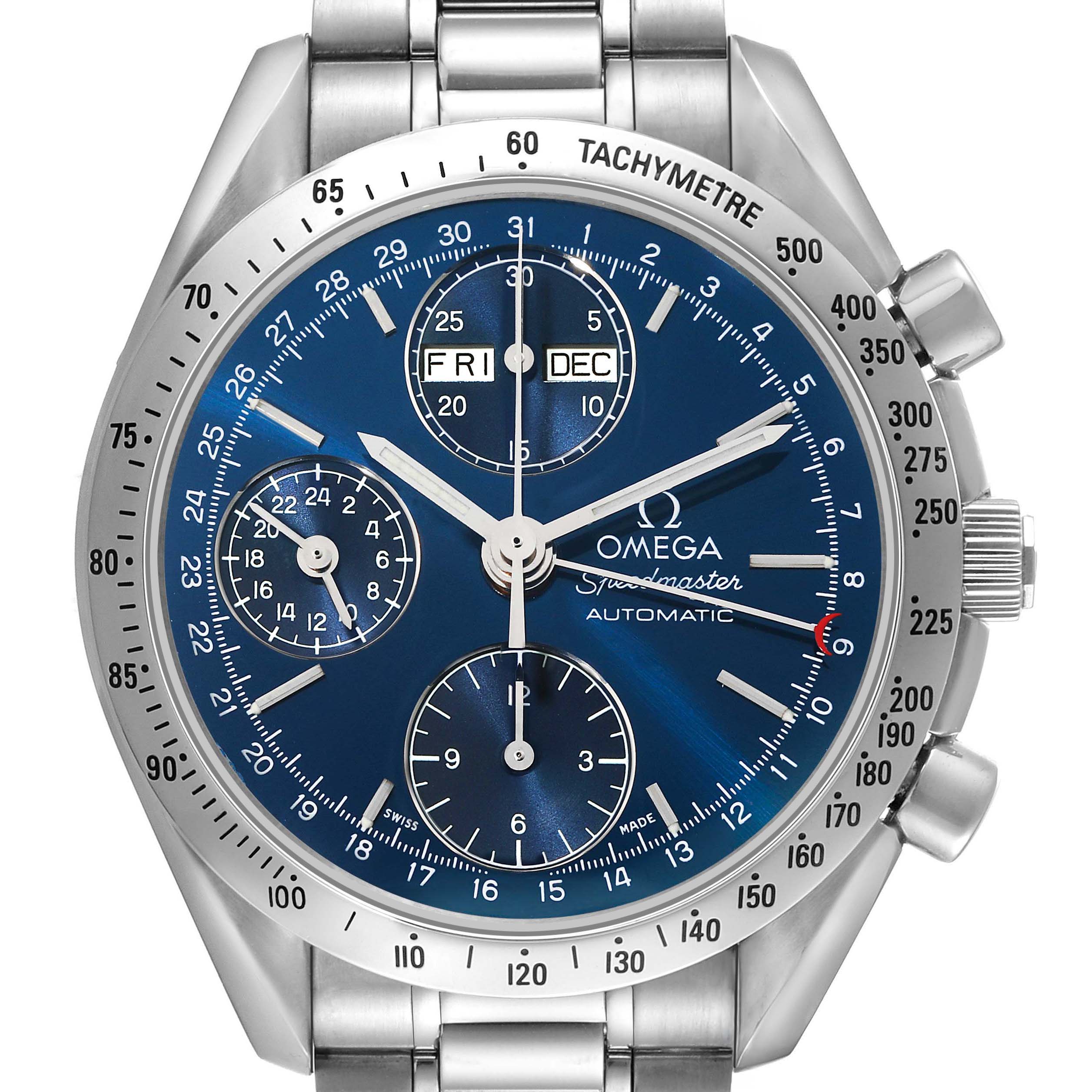 The Omega Speedmaster 3521.80.00 Men's Stainless Steel Blue Dial watch is shown from the front, highlighting its blue dial, subdials, tachymeter bezel, and stainless steel bracelet.